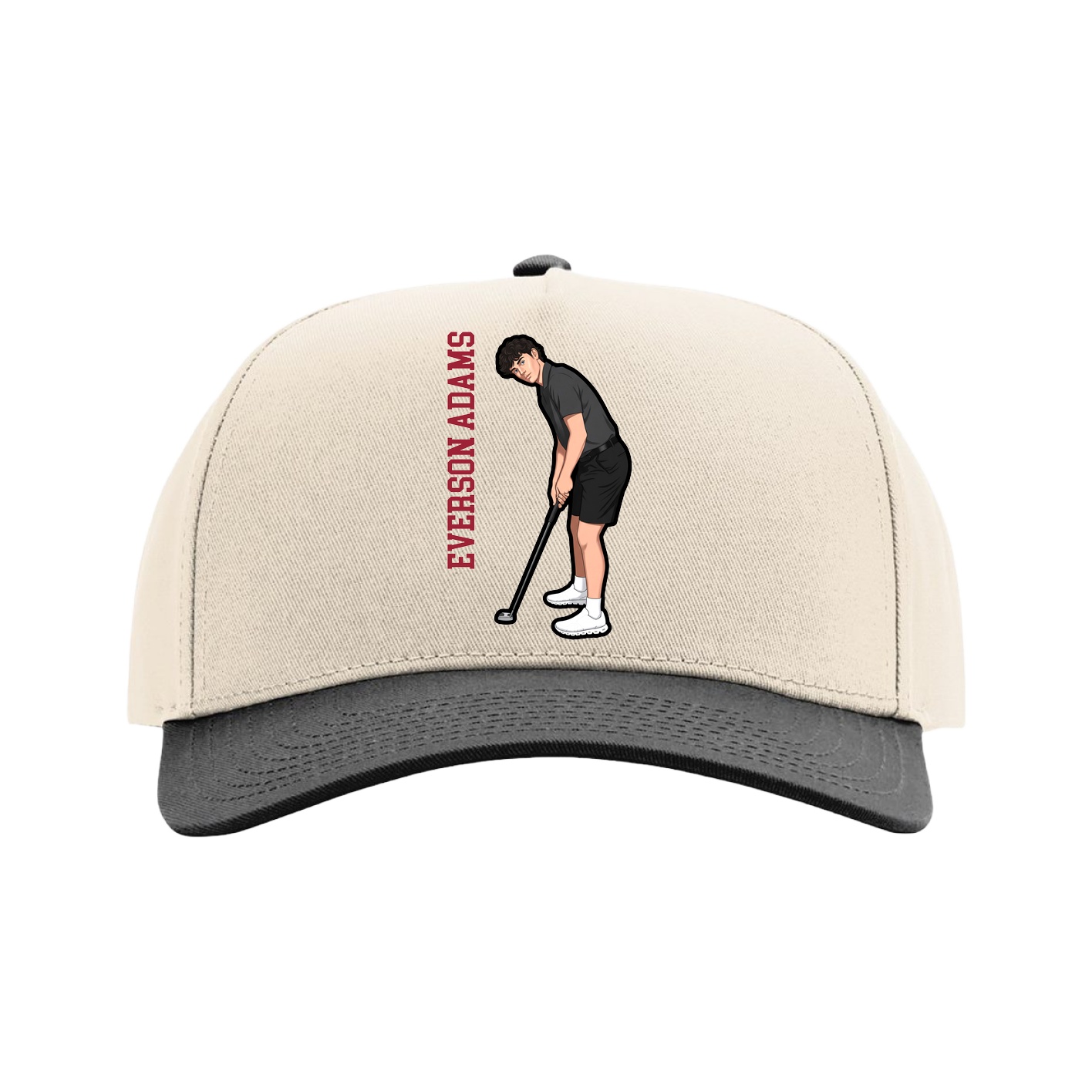 Full Fabric Five-Panel Champ Cap — Name Vertical in Cream/Black