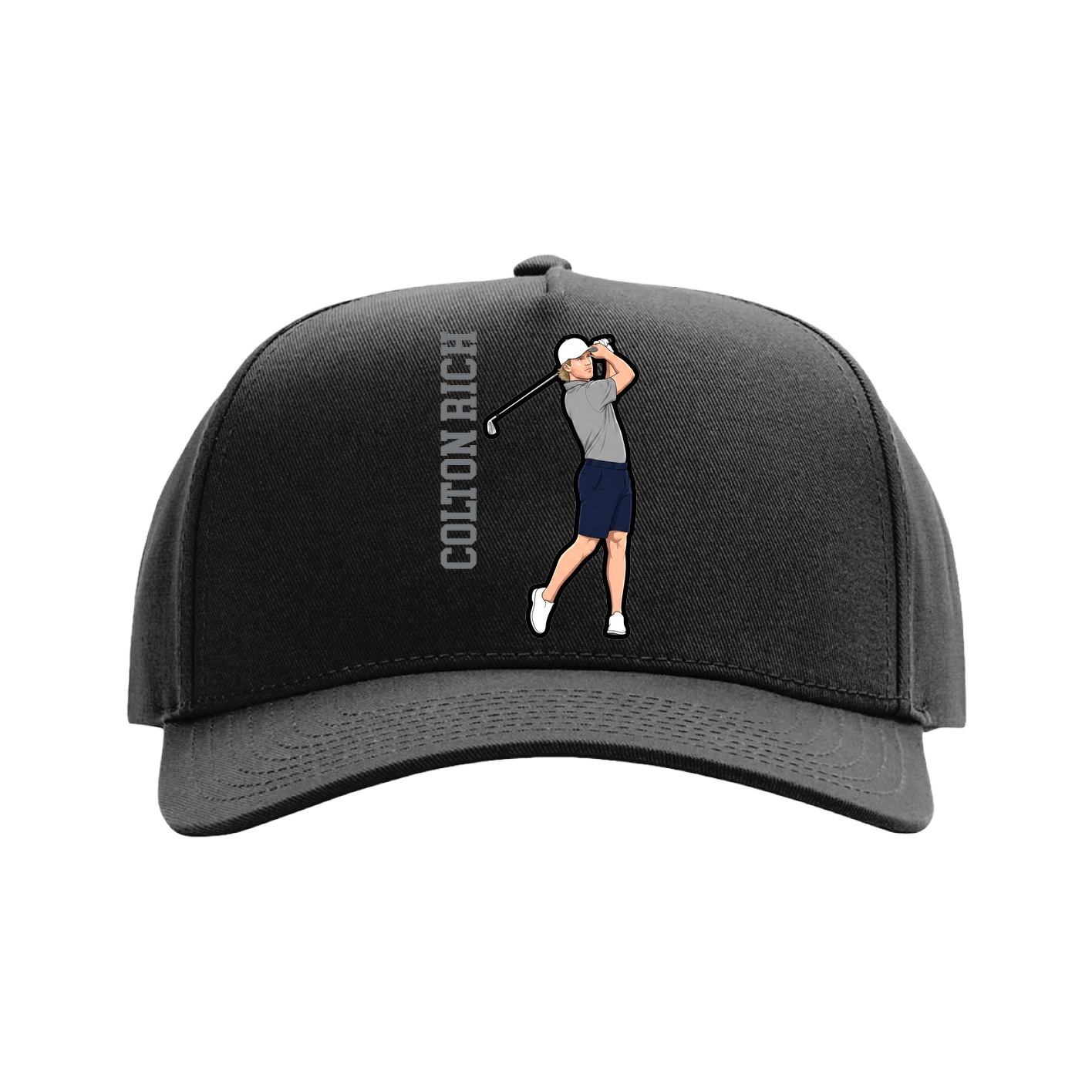 Full Fabric Five-Panel Champ Cap — Name Vertical in Black