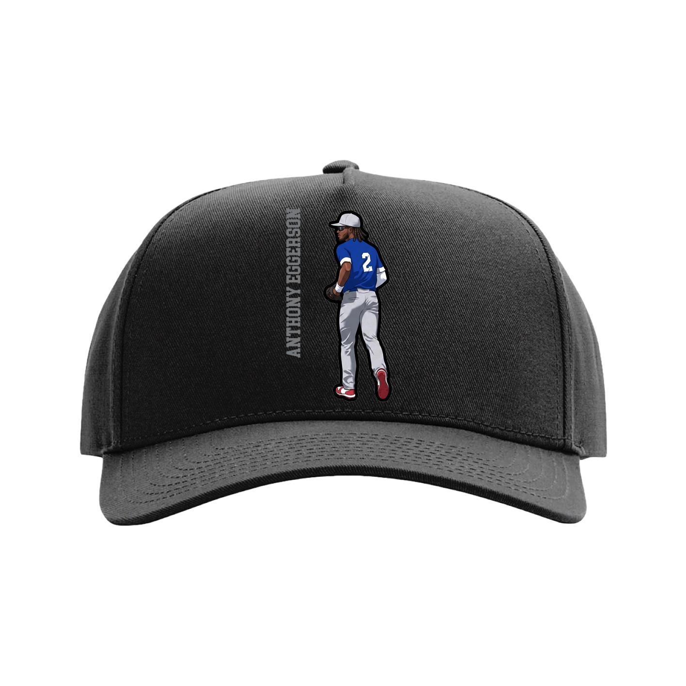 Full Fabric Five-Panel Champ Cap — Name Vertical in Black