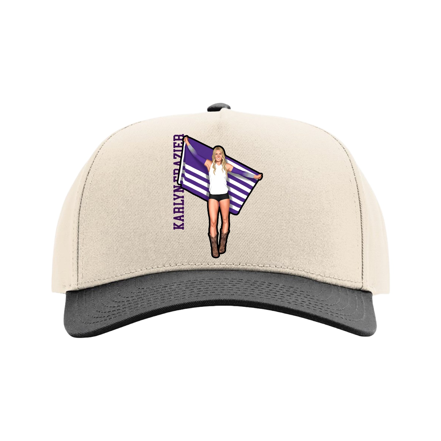 Full Fabric Five-Panel Champ Cap — Name Vertical in Cream/Black