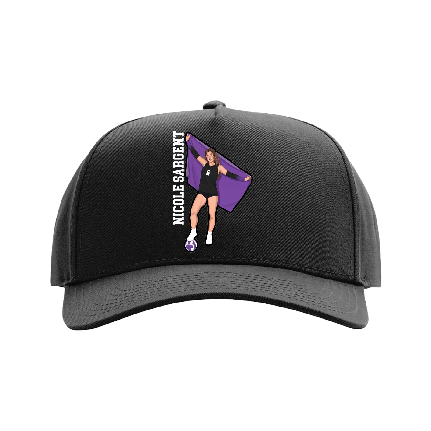 Full Fabric Five-Panel Champ Cap — Name Vertical in Black
