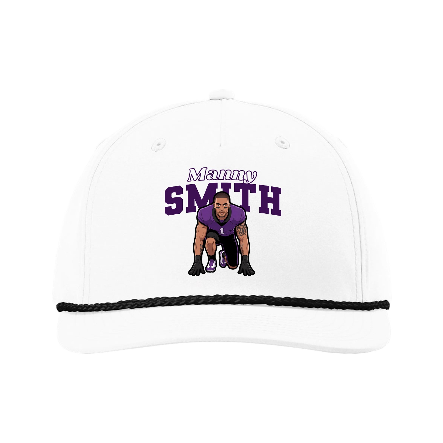 Five-Panel Classic Rope Cap — Name Arch in White