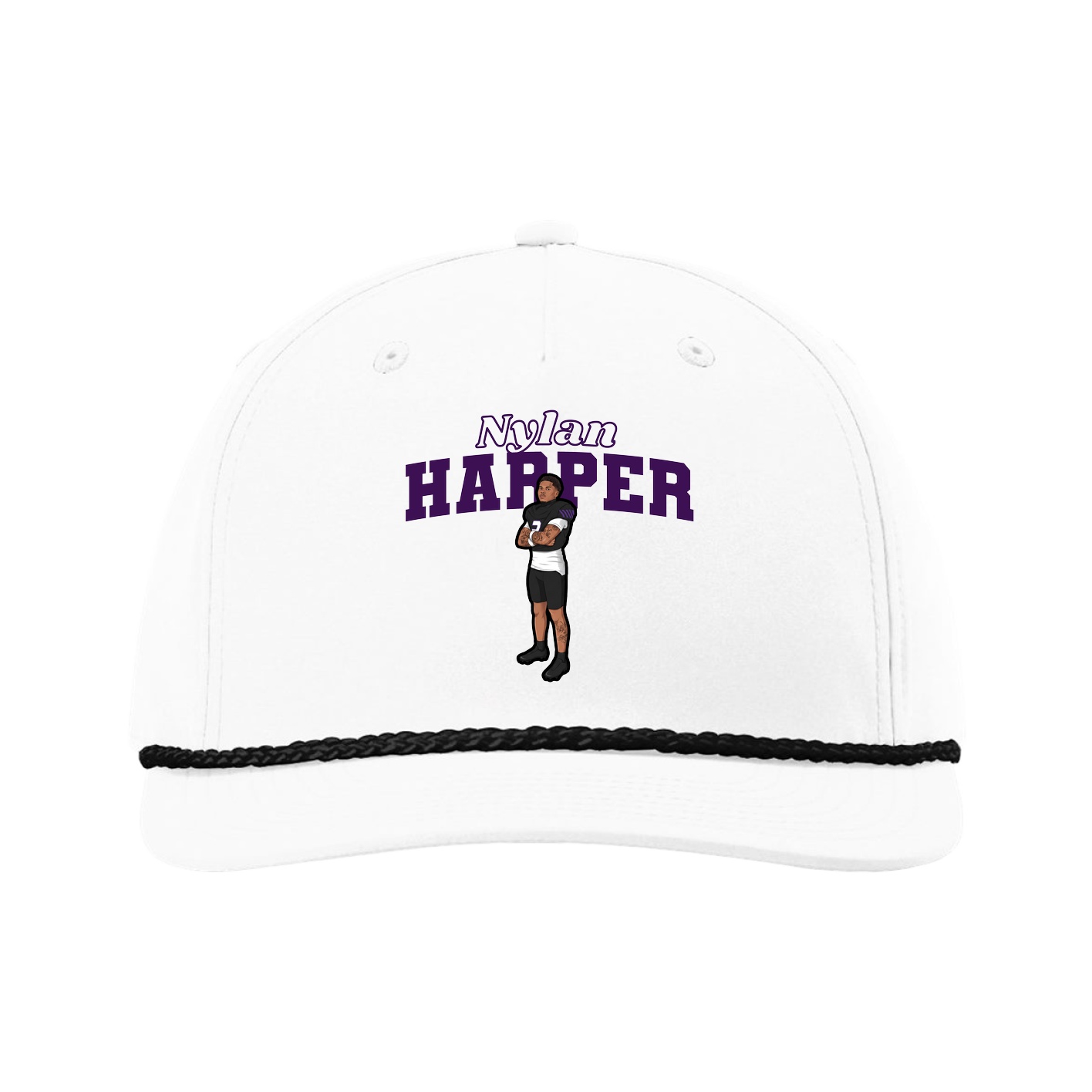 Five-Panel Classic Rope Cap — Name Arch in White