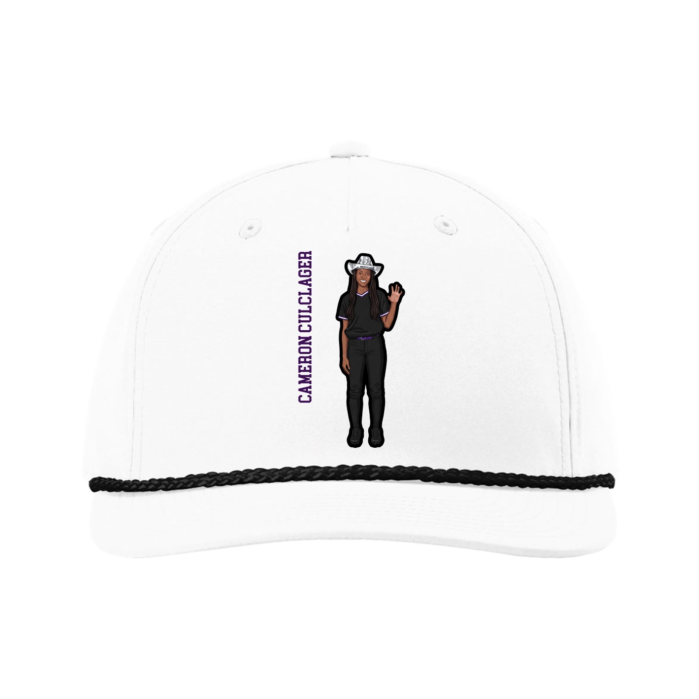 Five-Panel Classic Rope Cap — Name Vertical in White