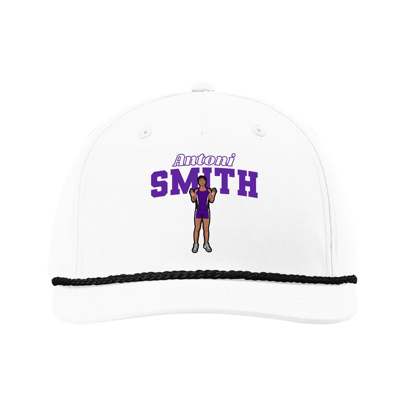 Five-Panel Classic Rope Cap — Name Arch in White