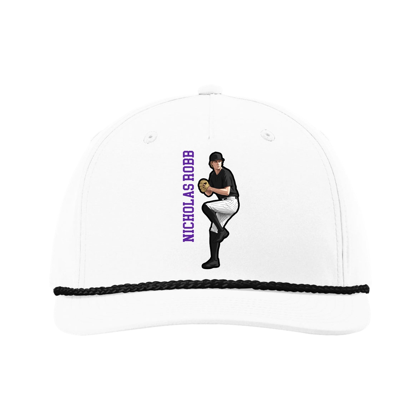 Five-Panel Classic Rope Cap — Name Vertical in White