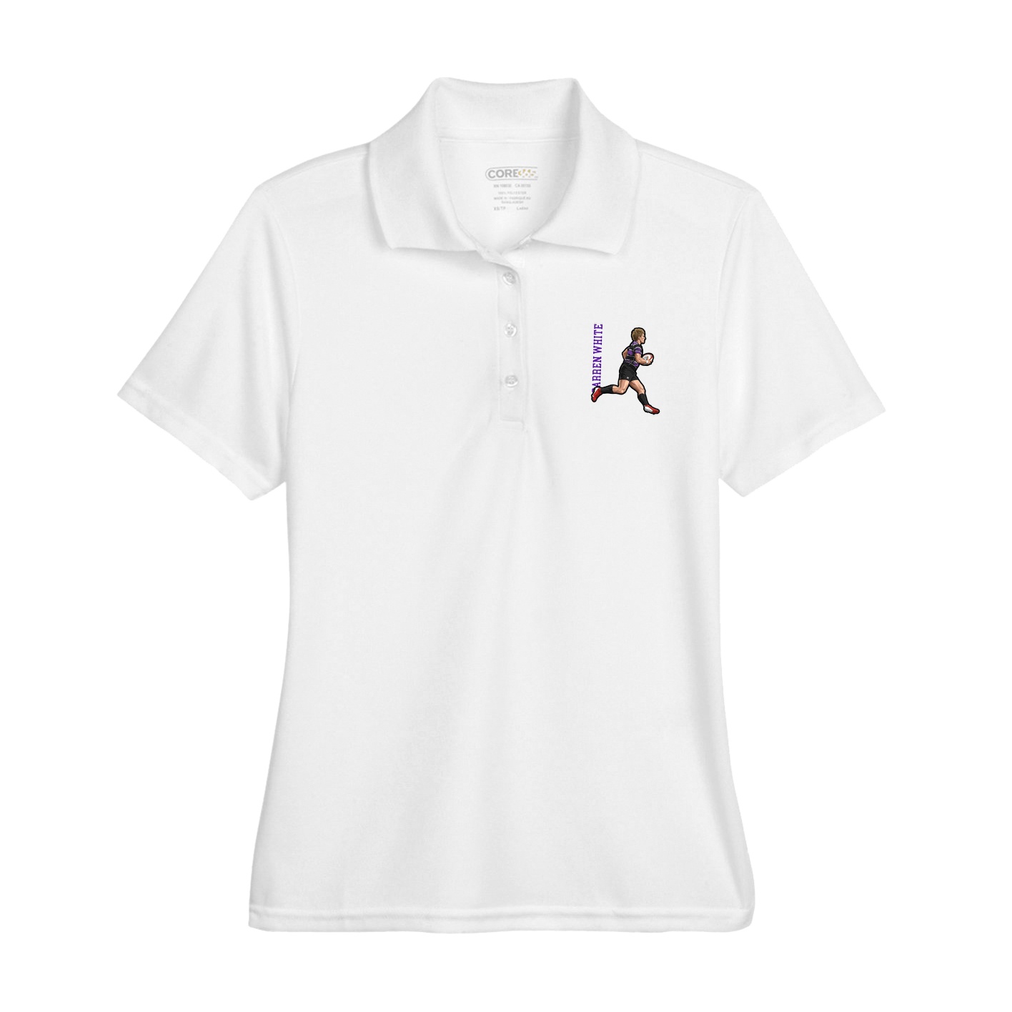 Womens Performance Polo — Name Vertical in White