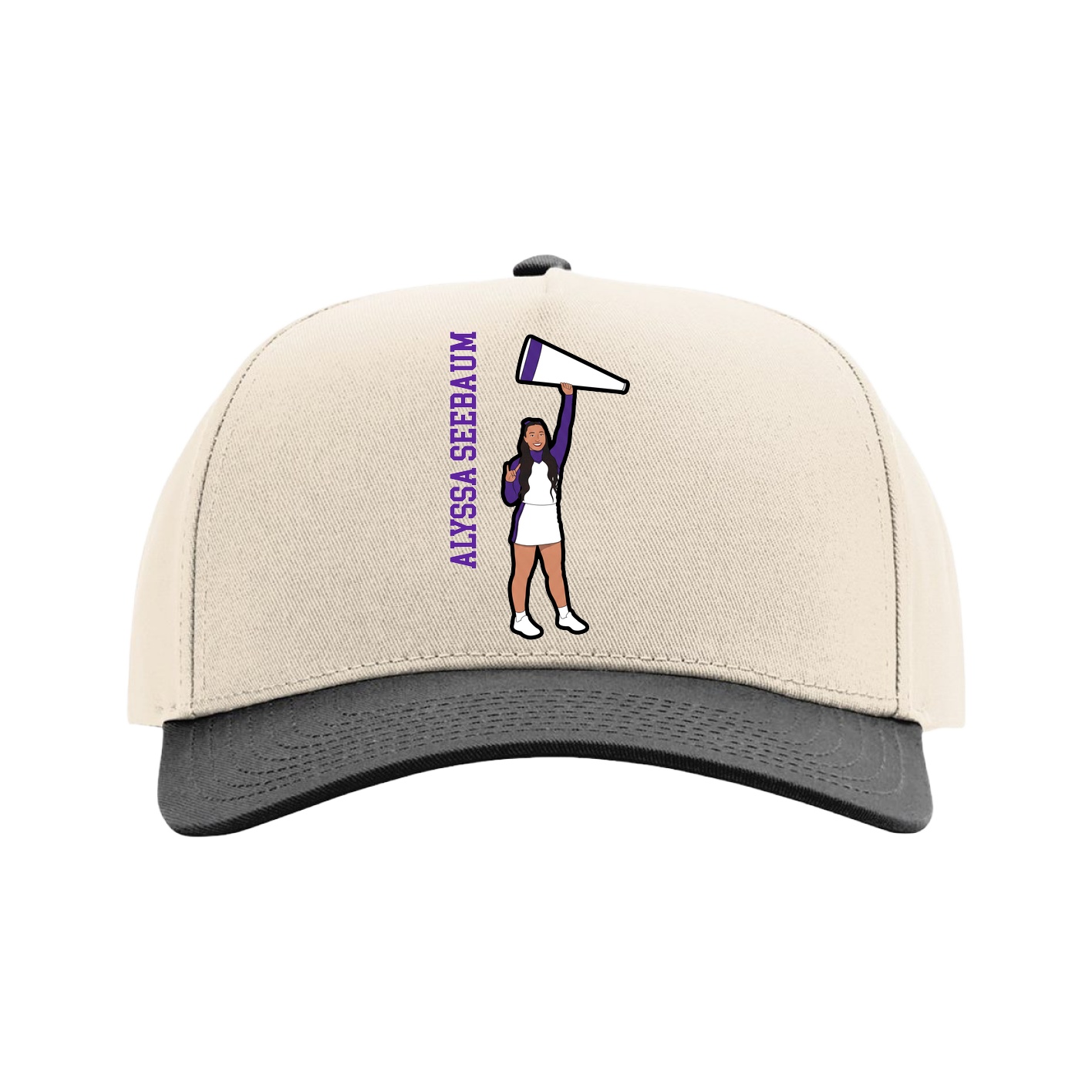 Full Fabric Five-Panel Champ Cap — Name Vertical in Cream/Black