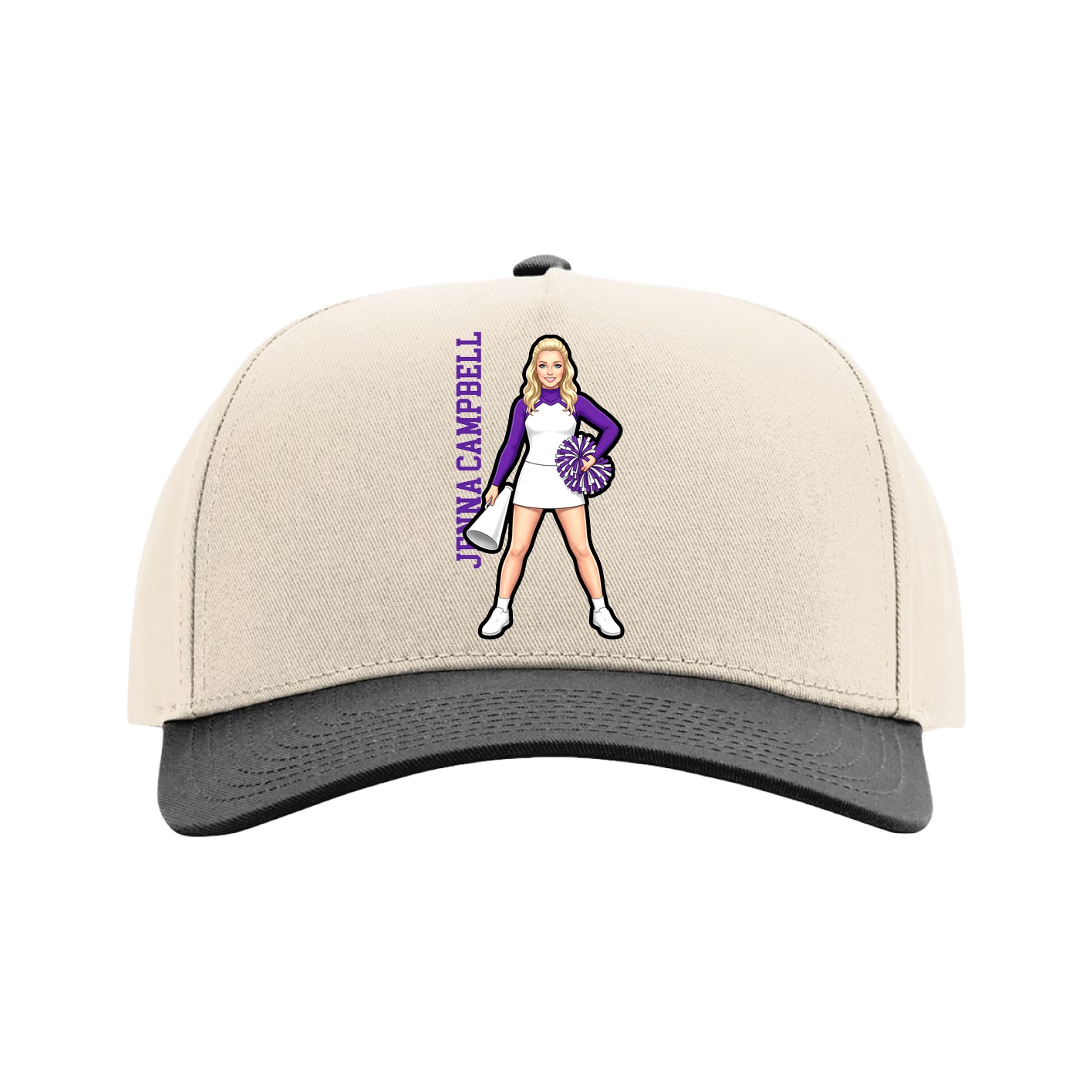 Full Fabric Five-Panel Champ Cap — Name Vertical in Cream/Black