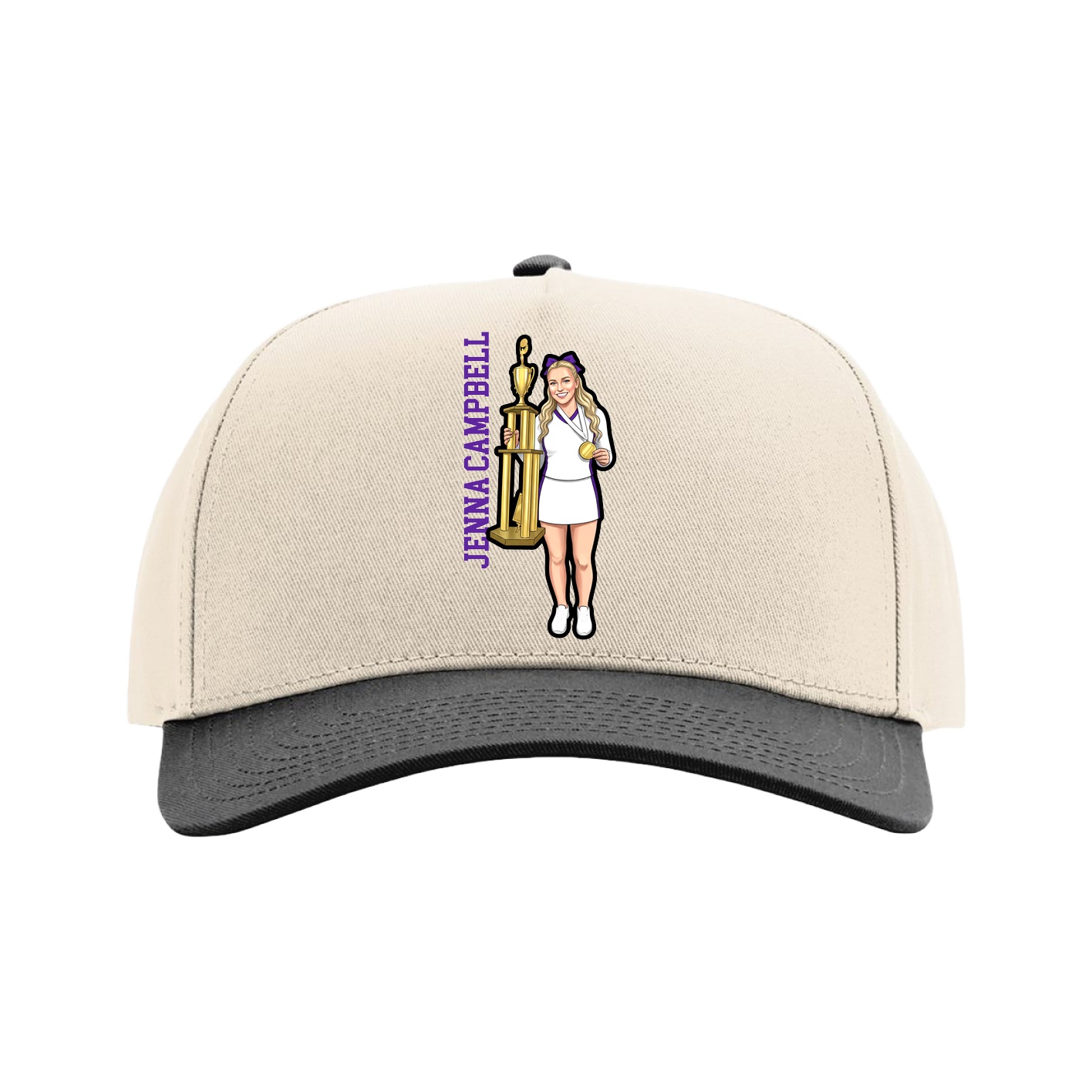 Full Fabric Five-Panel Champ Cap — Name Vertical in Cream/Black