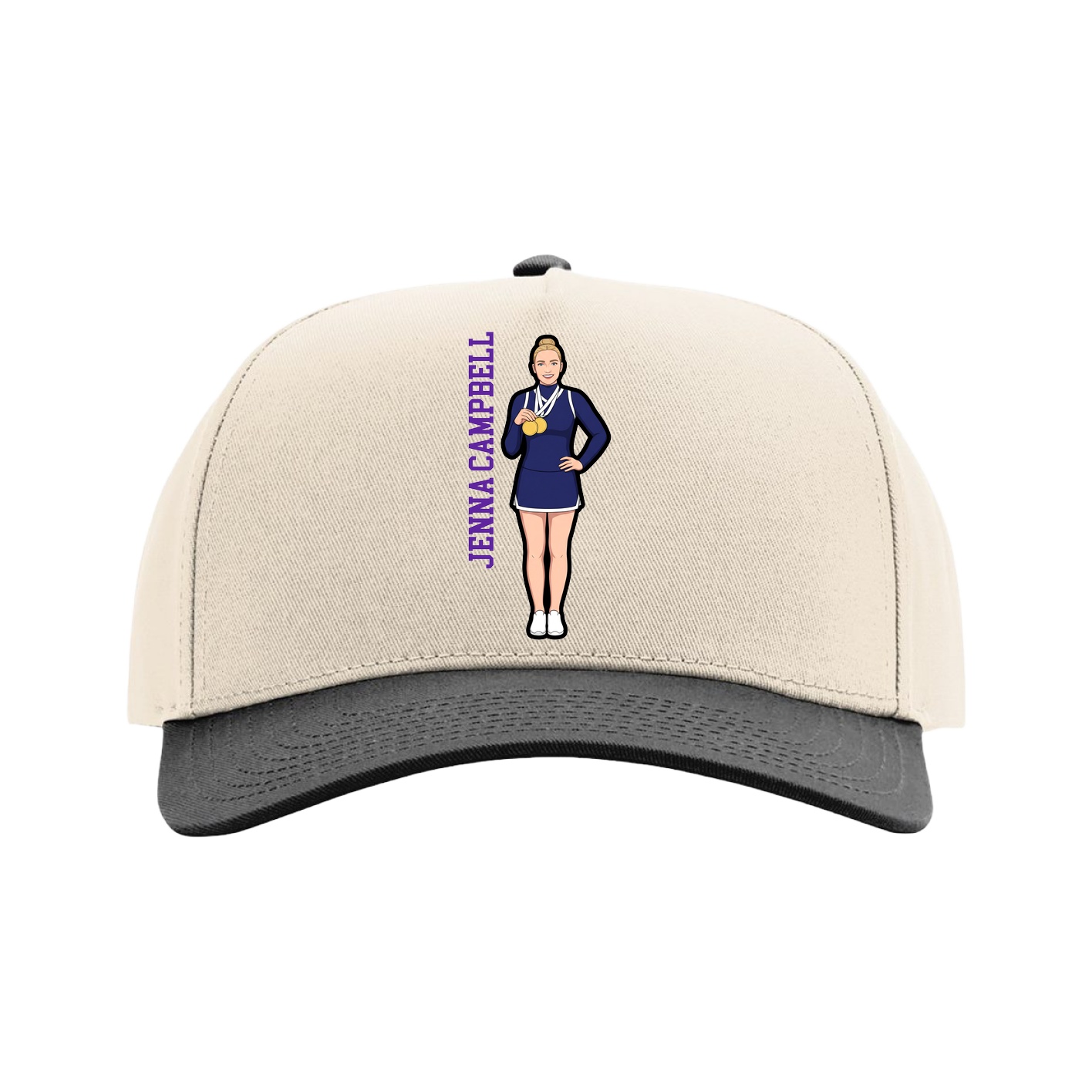 Full Fabric Five-Panel Champ Cap — Name Vertical in Cream/Black