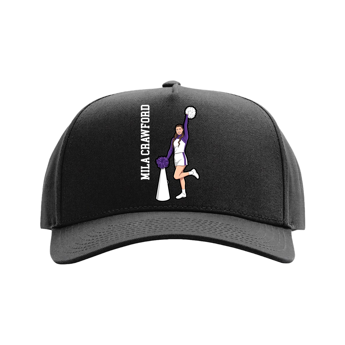 Full Fabric Five-Panel Champ Cap — Name Vertical in Black