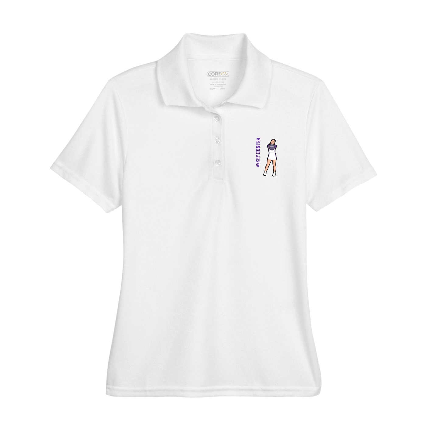 Womens Performance Polo — Name Vertical in White