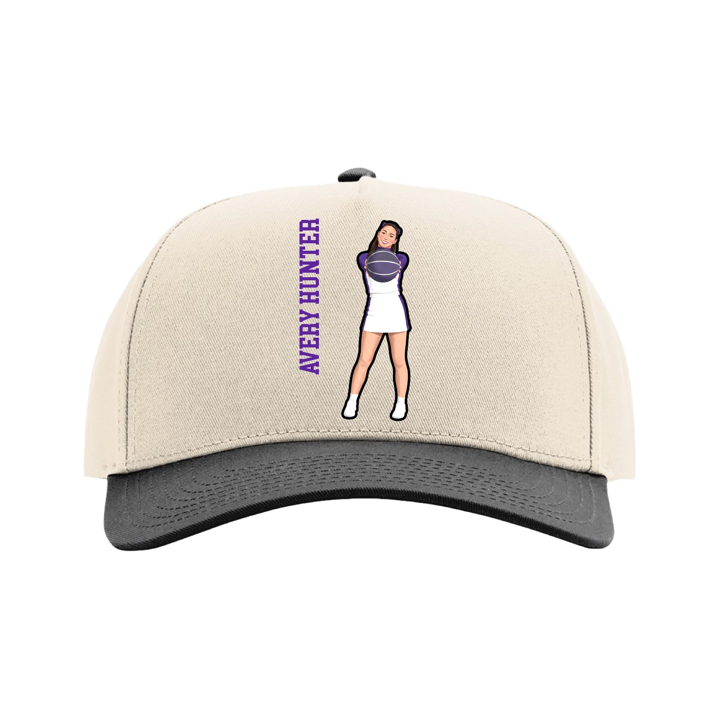 Full Fabric Five-Panel Champ Cap — Name Vertical in Cream/Black