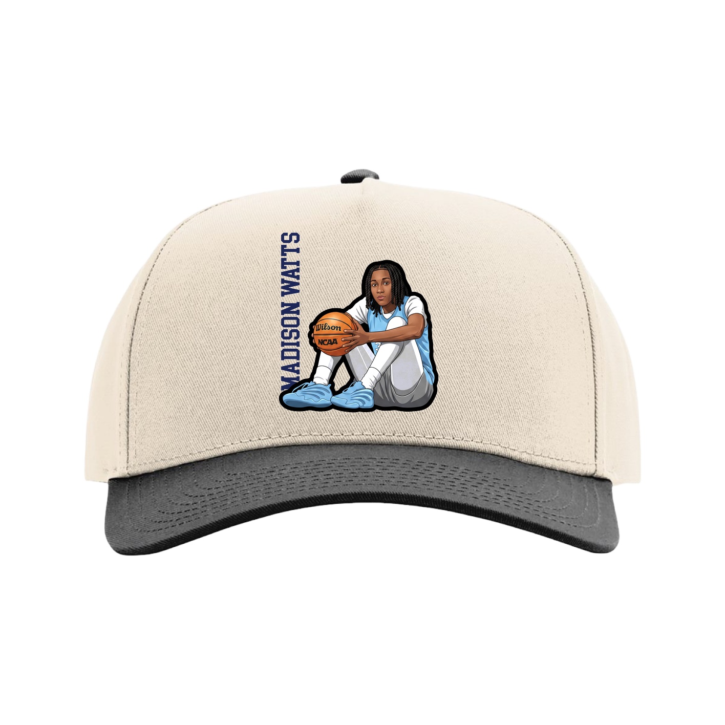 Full Fabric Five-Panel Champ Cap — Name Vertical in Cream/Black