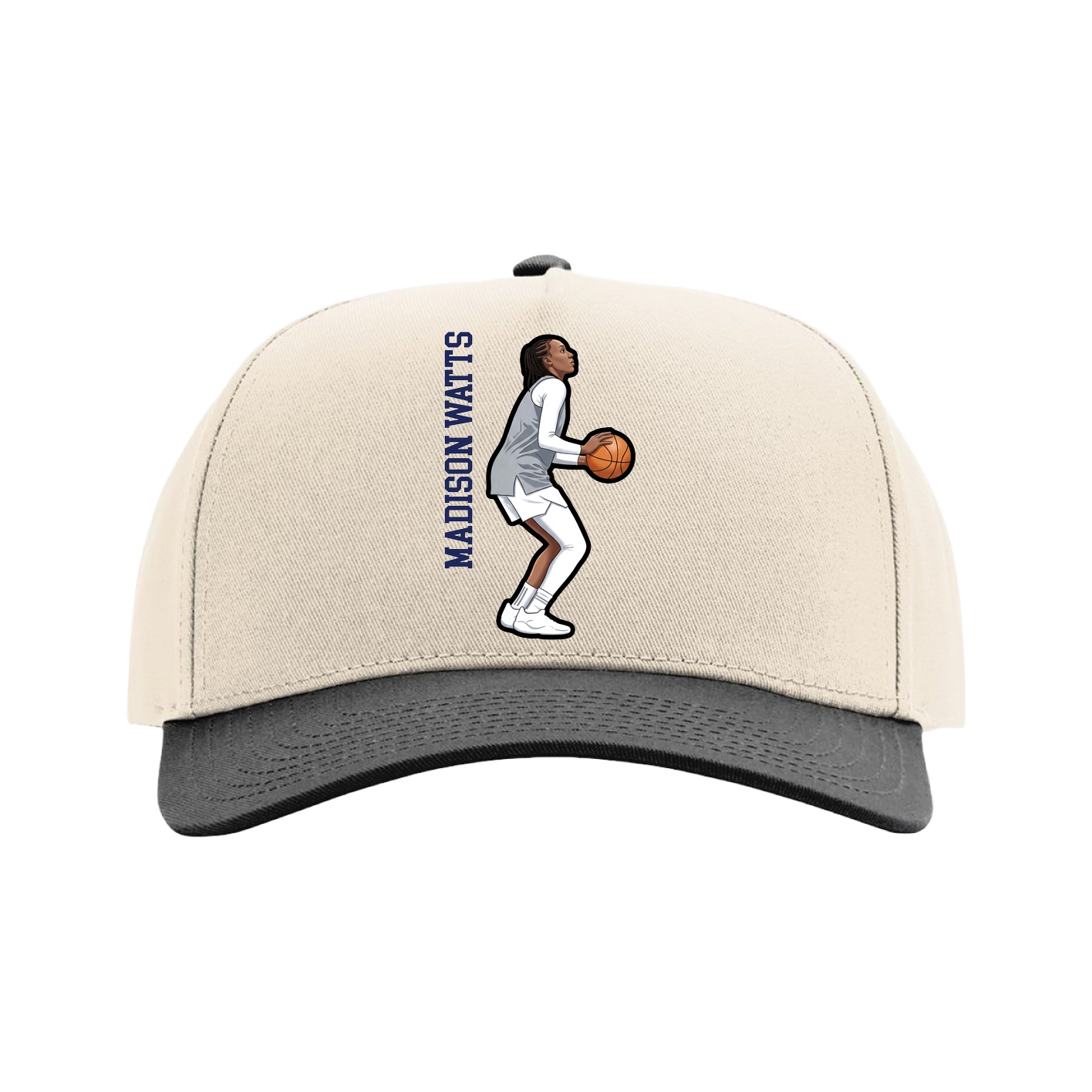 Full Fabric Five-Panel Champ Cap — Name Vertical in Cream/Black