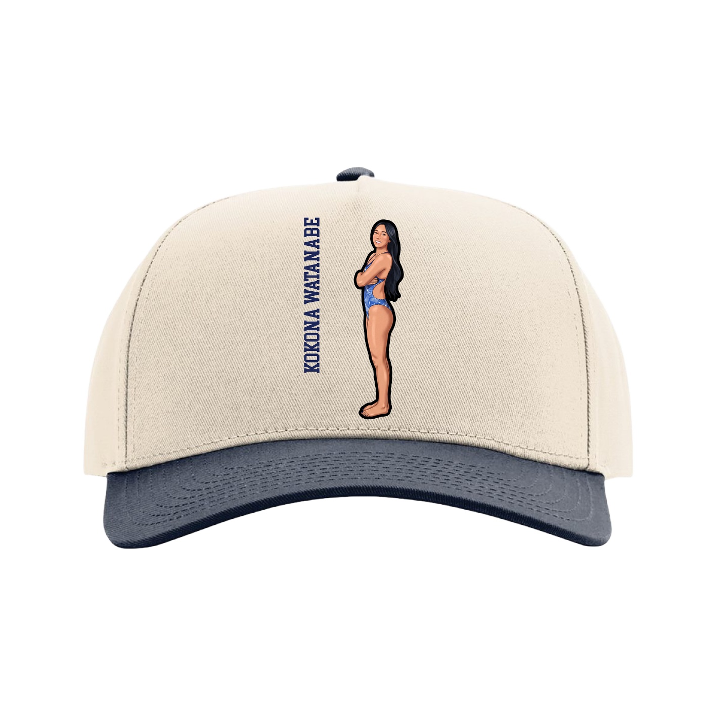 Full Fabric Five-Panel Champ Cap — Name Vertical in Cream/Navy