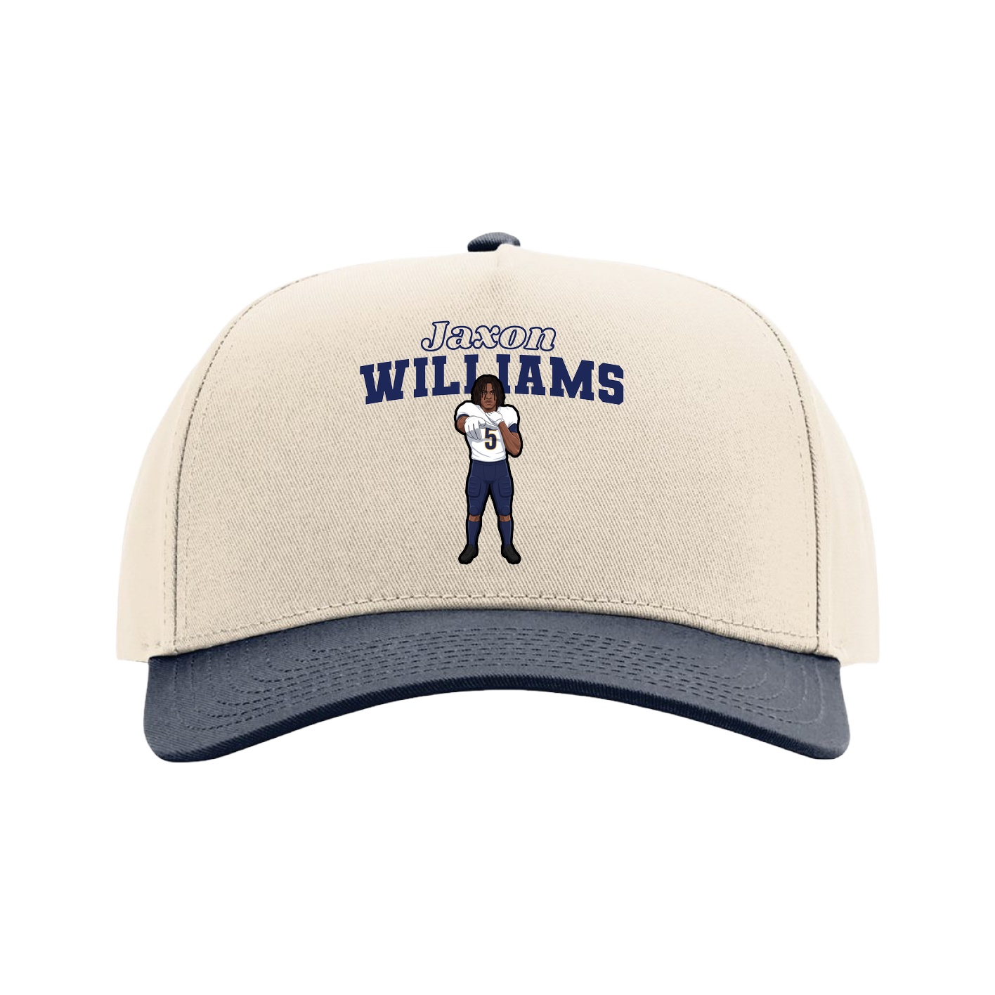 Full Fabric Five-Panel Champ Cap — Name Arch in Cream/Navy