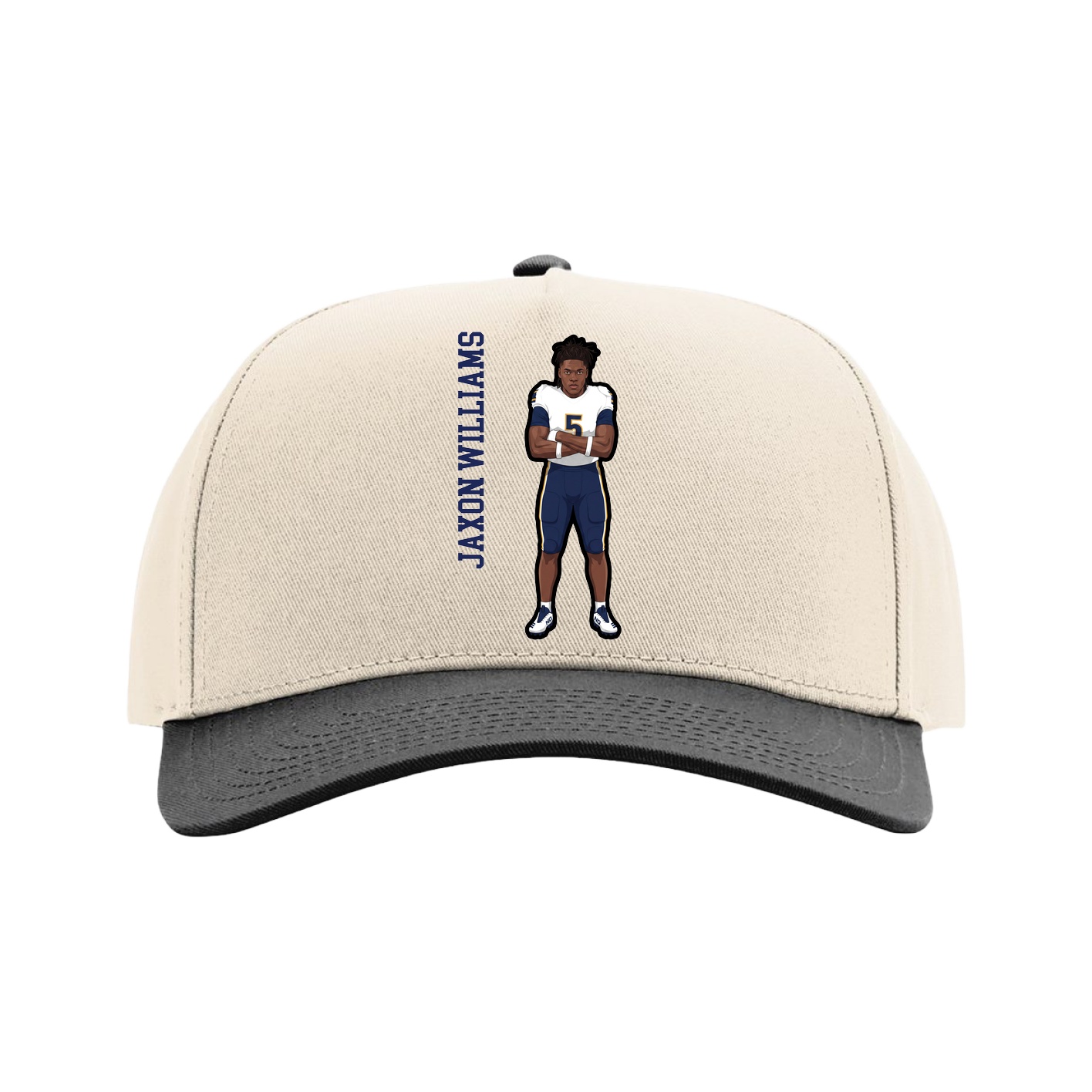 Full Fabric Five-Panel Champ Cap — Name Vertical in Cream/Black
