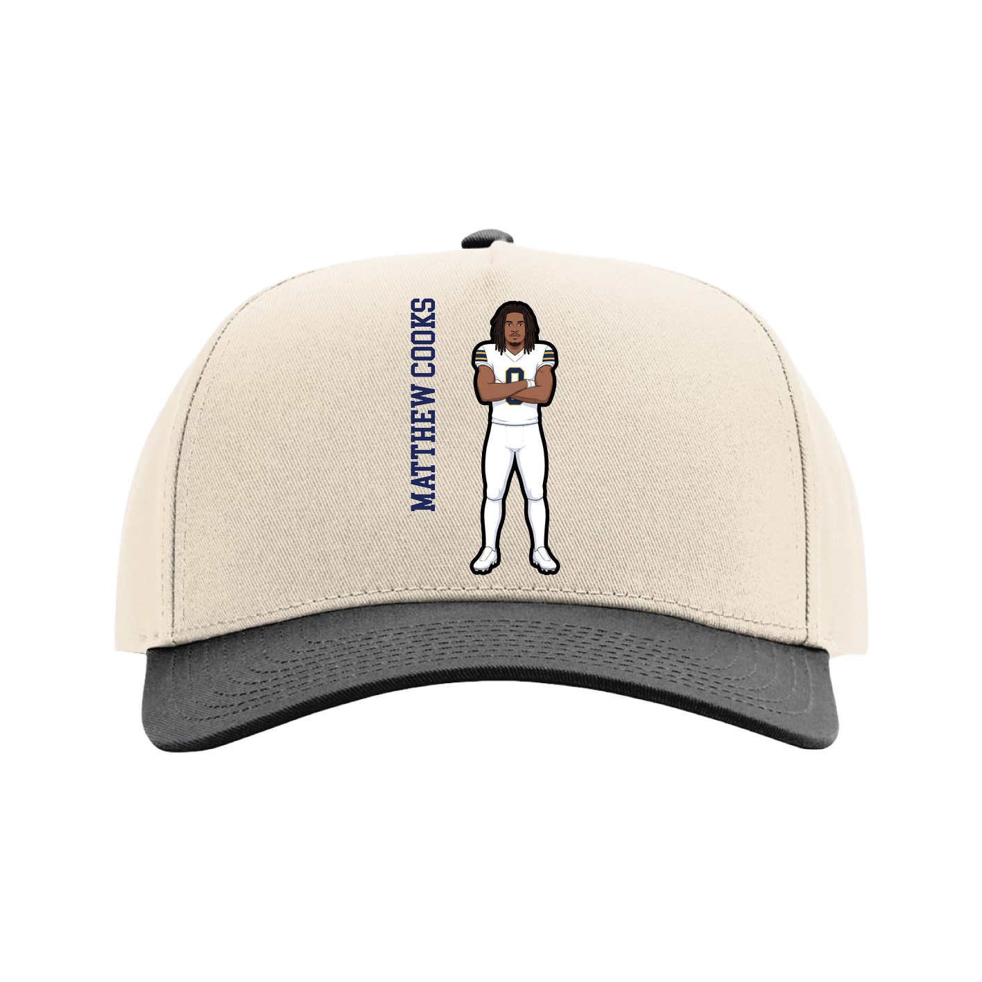 Full Fabric Five-Panel Champ Cap — Name Vertical in Cream/Black