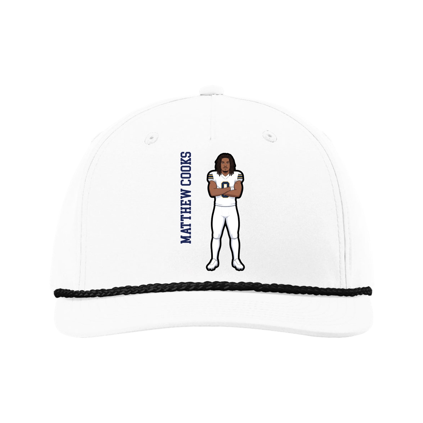 Five-Panel Classic Rope Cap — Name Vertical in White