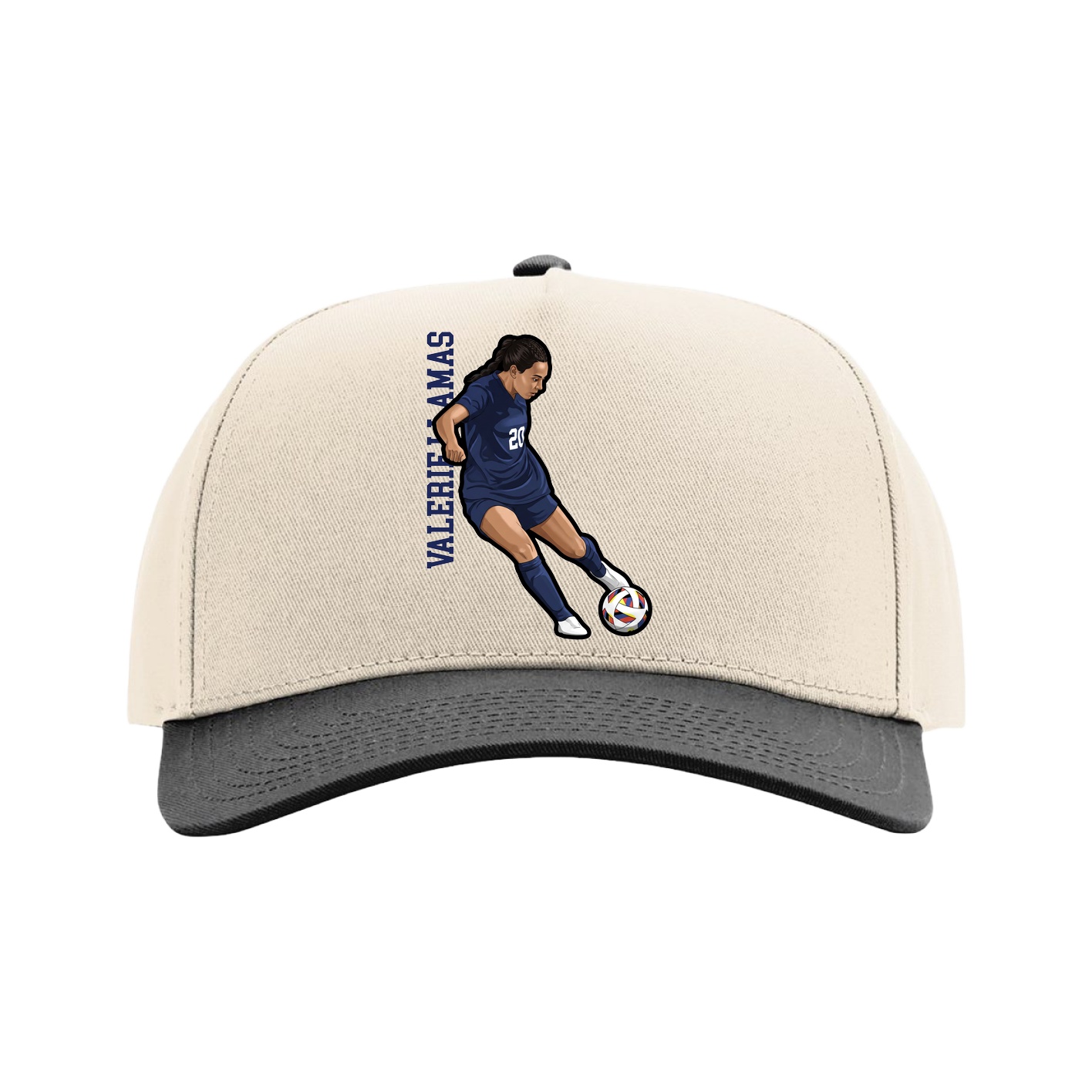 Full Fabric Five-Panel Champ Cap — Name Vertical in Cream/Black
