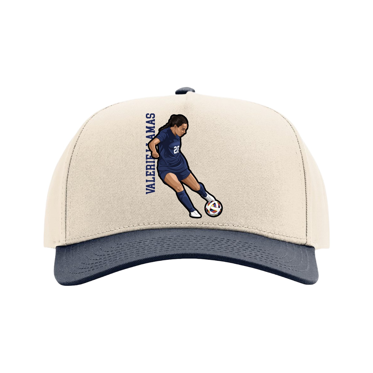 Full Fabric Five-Panel Champ Cap — Name Vertical in Cream/Navy