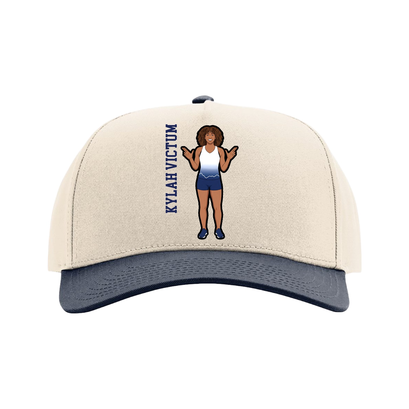 Full Fabric Five-Panel Champ Cap — Name Vertical in Cream/Navy