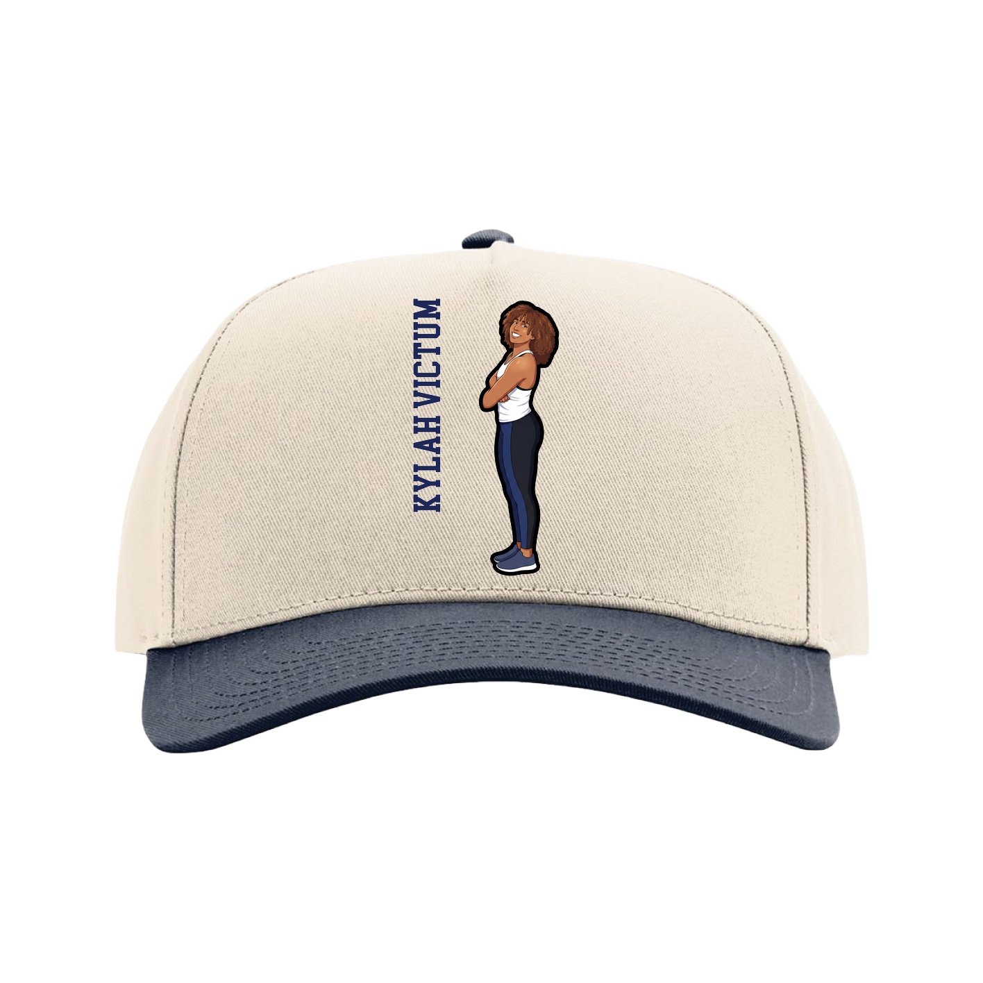 Full Fabric Five-Panel Champ Cap — Name Vertical in Cream/Navy