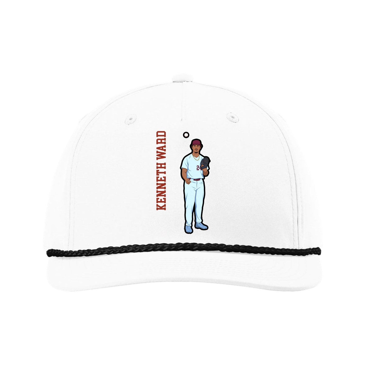 Five-Panel Classic Rope Cap — Name Vertical in White