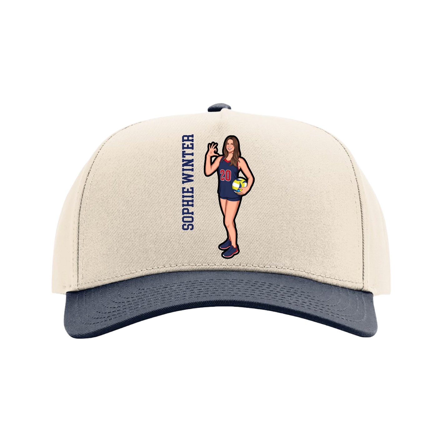 Full Fabric Five-Panel Champ Cap — Name Vertical in Cream/Navy
