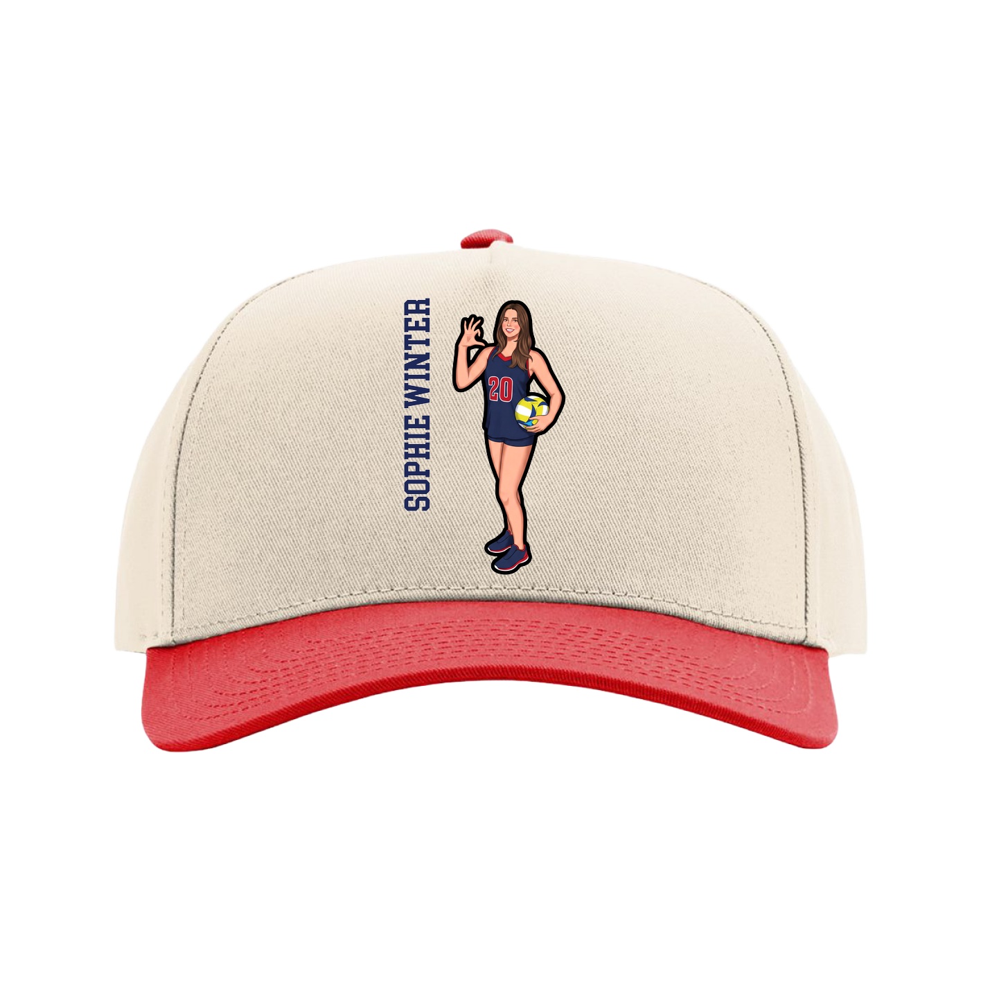 Full Fabric Five-Panel Champ Cap — Name Vertical in Cream/Red