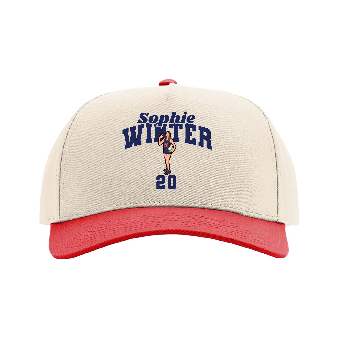 Full Fabric Five-Panel Champ Cap — Signature Arch in Cream/Red