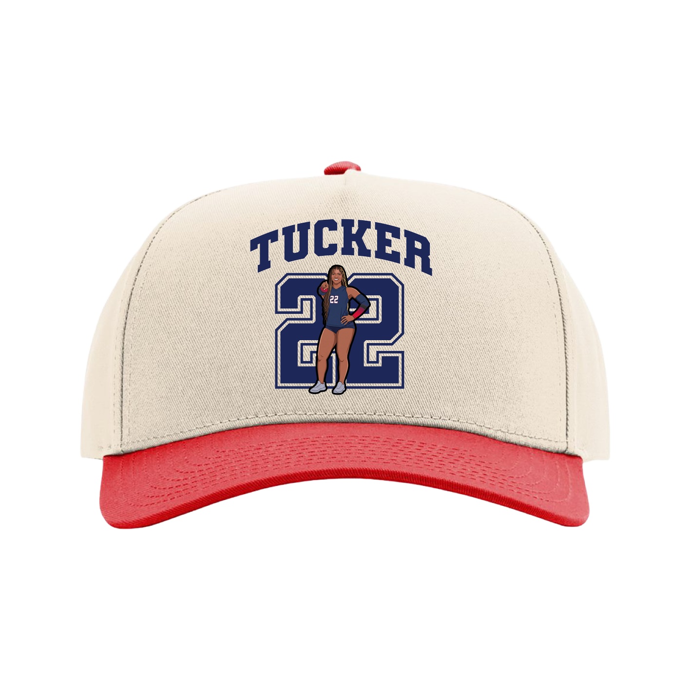 Full Fabric Five-Panel Champ Cap — Number in Cream/Red