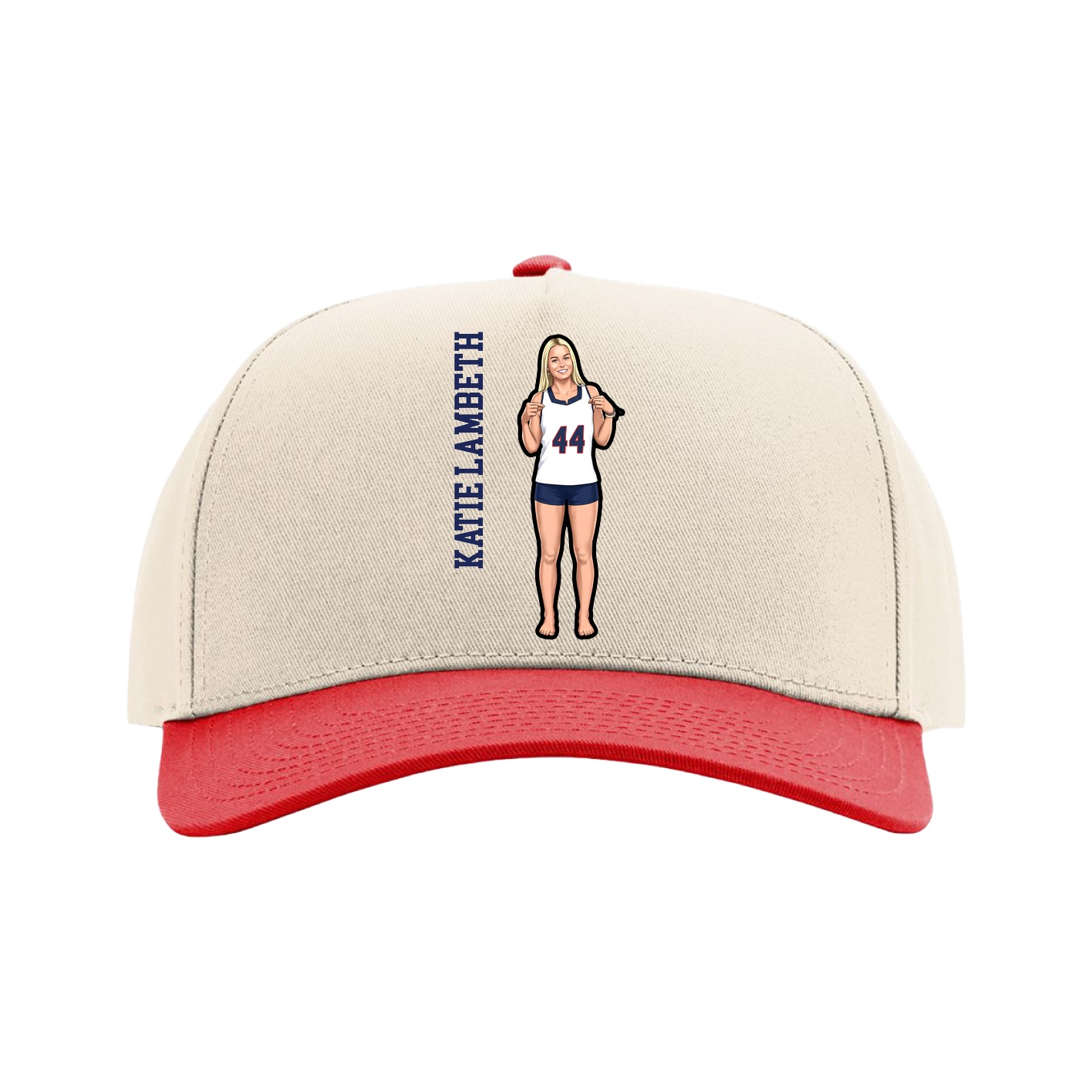 Full Fabric Five-Panel Champ Cap — Name Vertical in Cream/Red