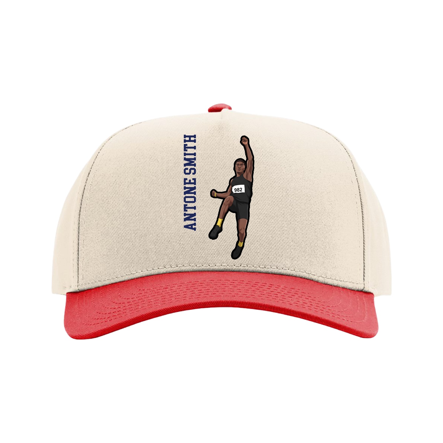 Full Fabric Five-Panel Champ Cap — Name Vertical in Cream/Red