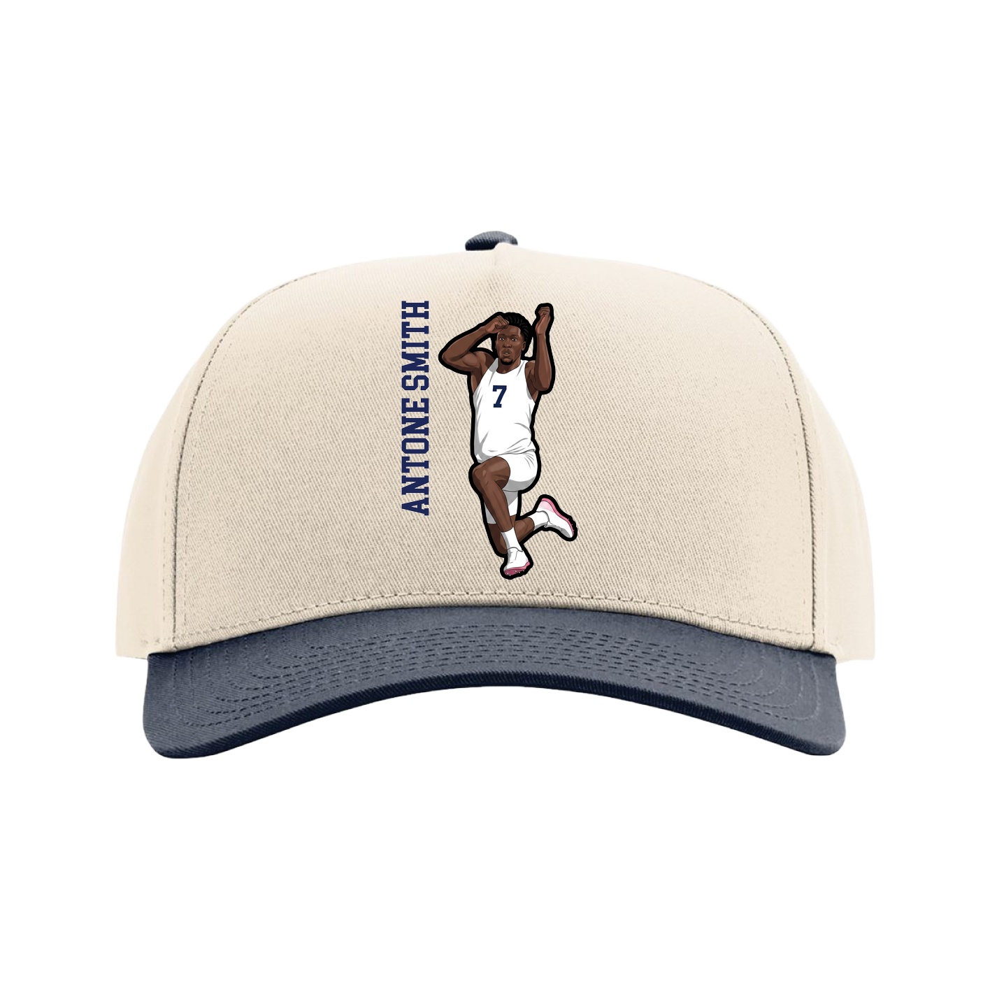 Full Fabric Five-Panel Champ Cap — Name Vertical in Cream/Navy
