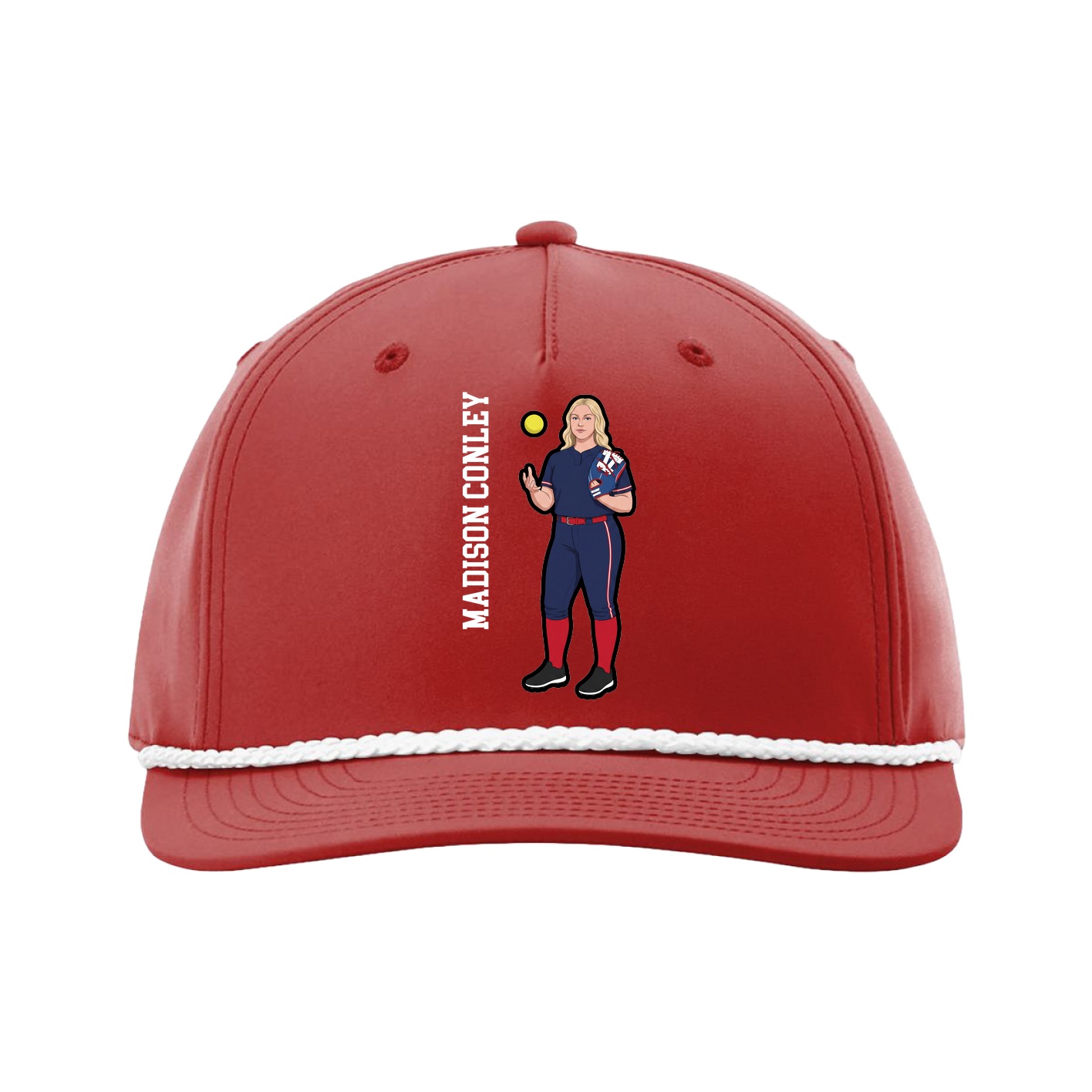 Five-Panel Classic Rope Cap — Name Vertical in Red