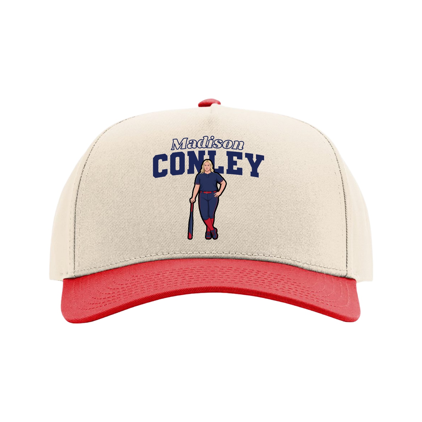 Full Fabric Five-Panel Champ Cap — Name Arch in Cream/Red