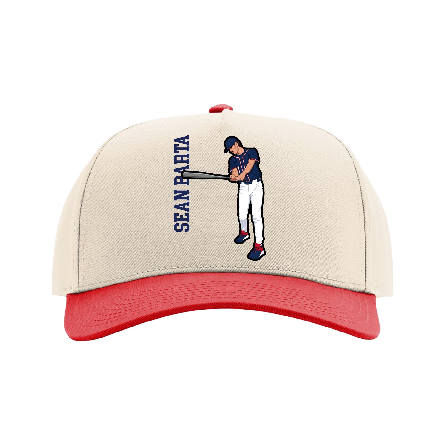 Full Fabric Five-Panel Champ Cap — Name Vertical in Cream/Red