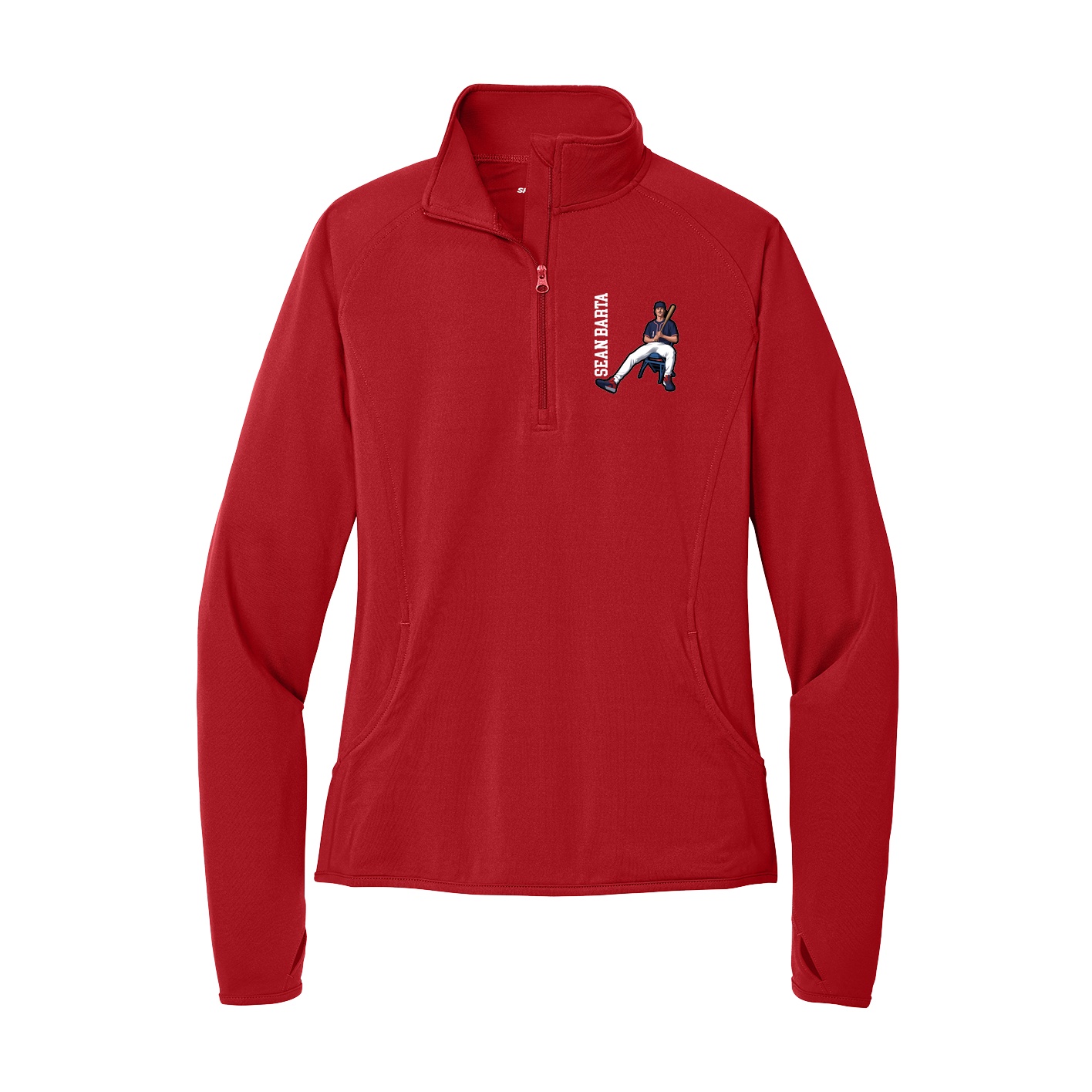 Women's Q-Zip Pullover — Name Vertical in Red
