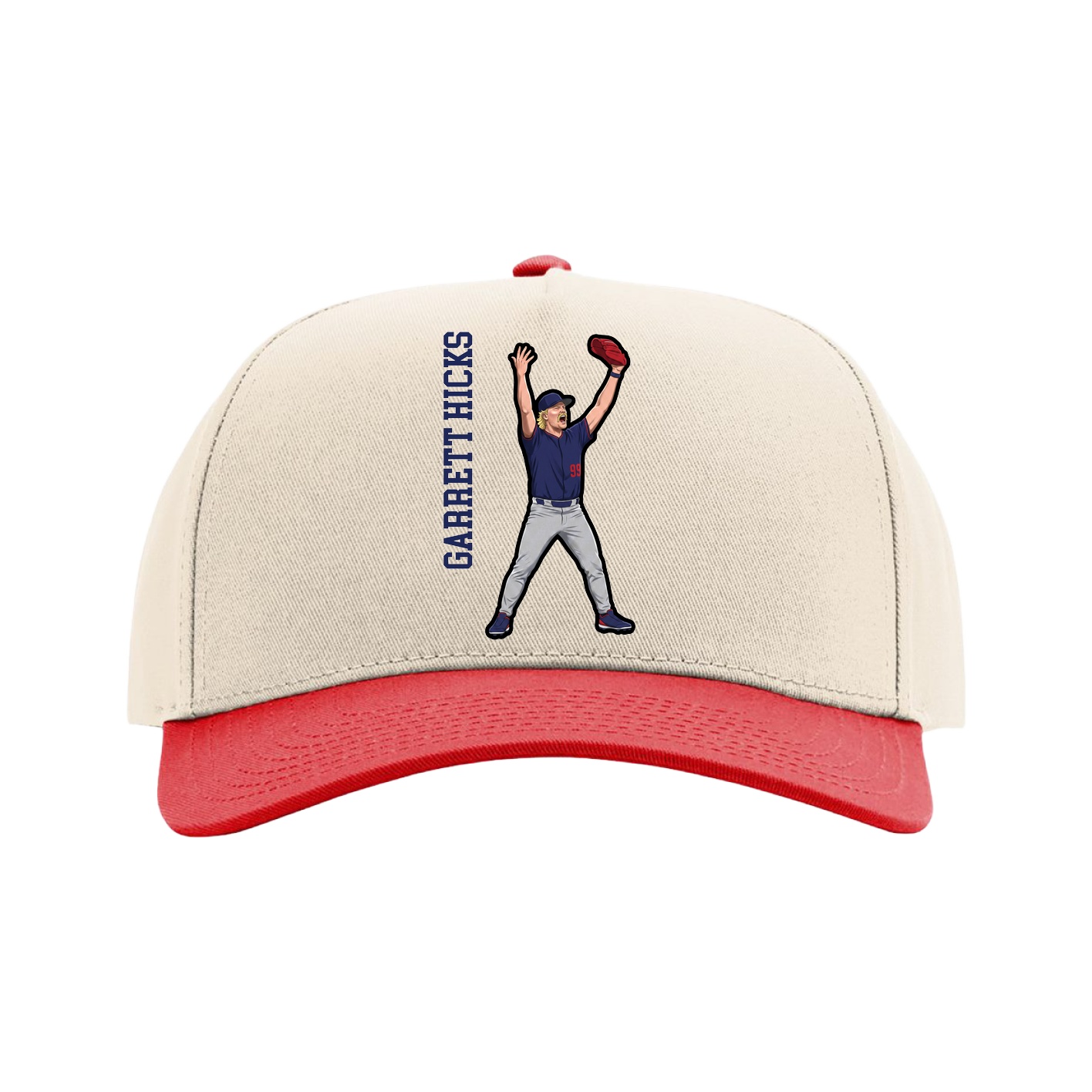 Full Fabric Five-Panel Champ Cap — Name Vertical in Cream/Red