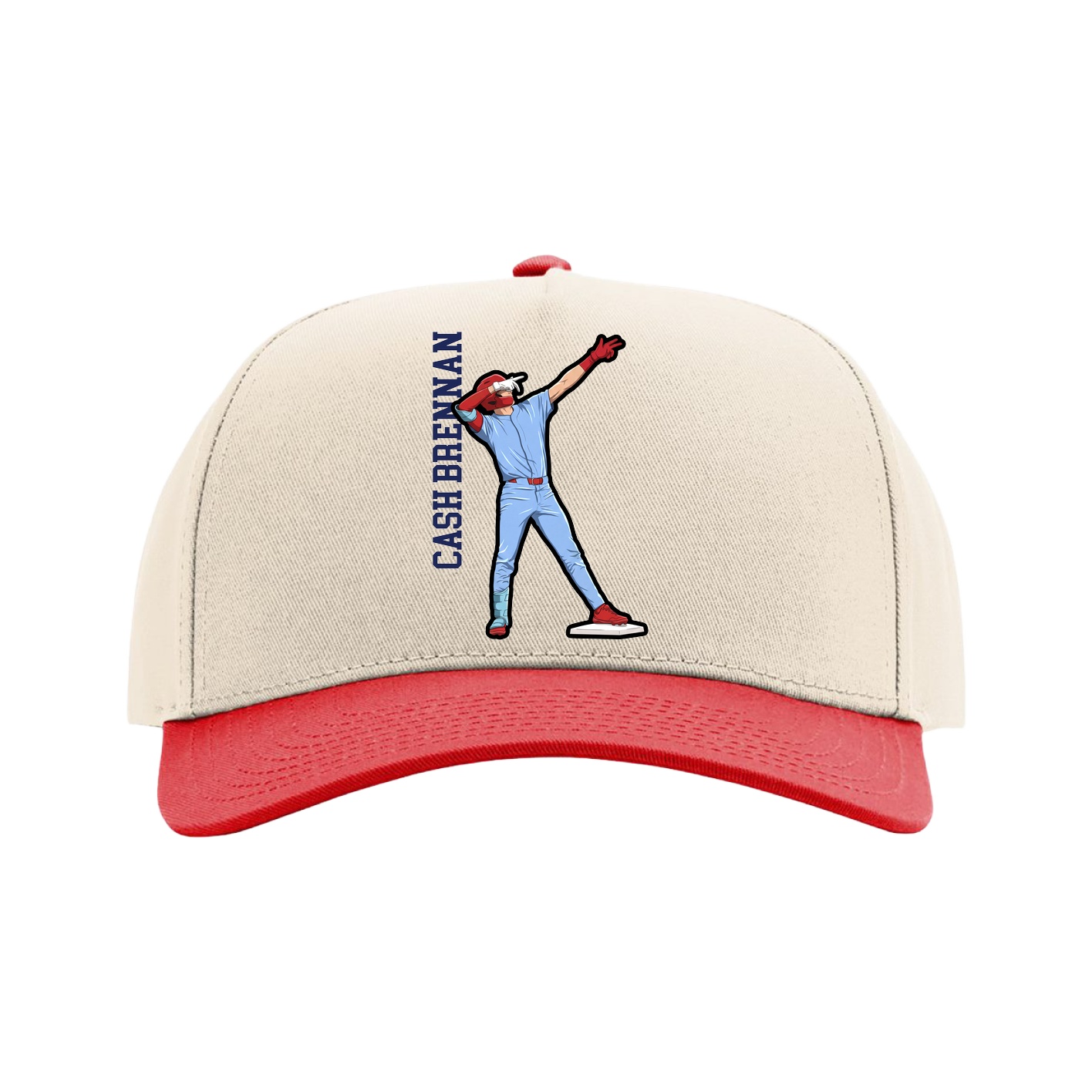 Full Fabric Five-Panel Champ Cap — Name Vertical in Cream/Red