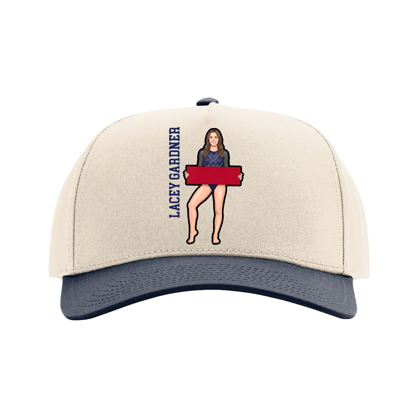 Full Fabric Five-Panel Champ Cap — Name Vertical in Cream/Navy