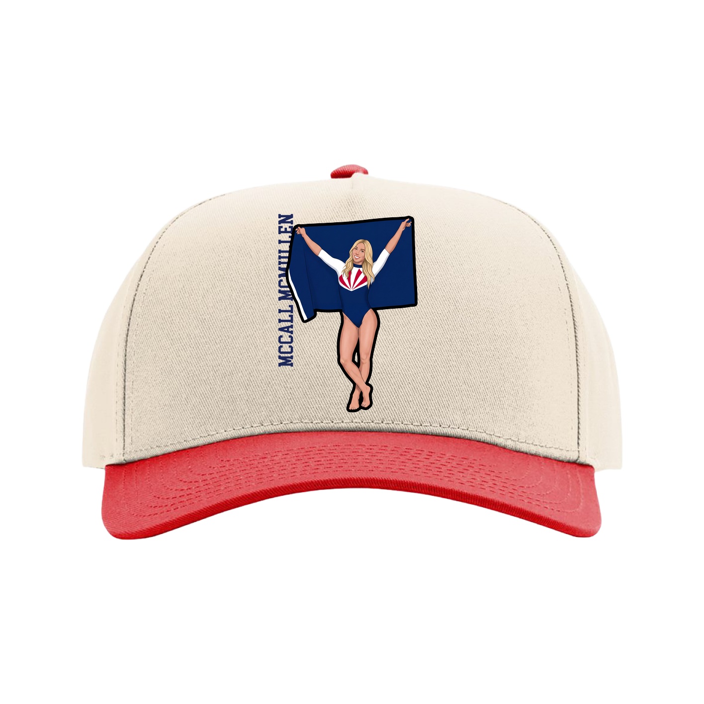 Full Fabric Five-Panel Champ Cap — Name Vertical in Cream/Red