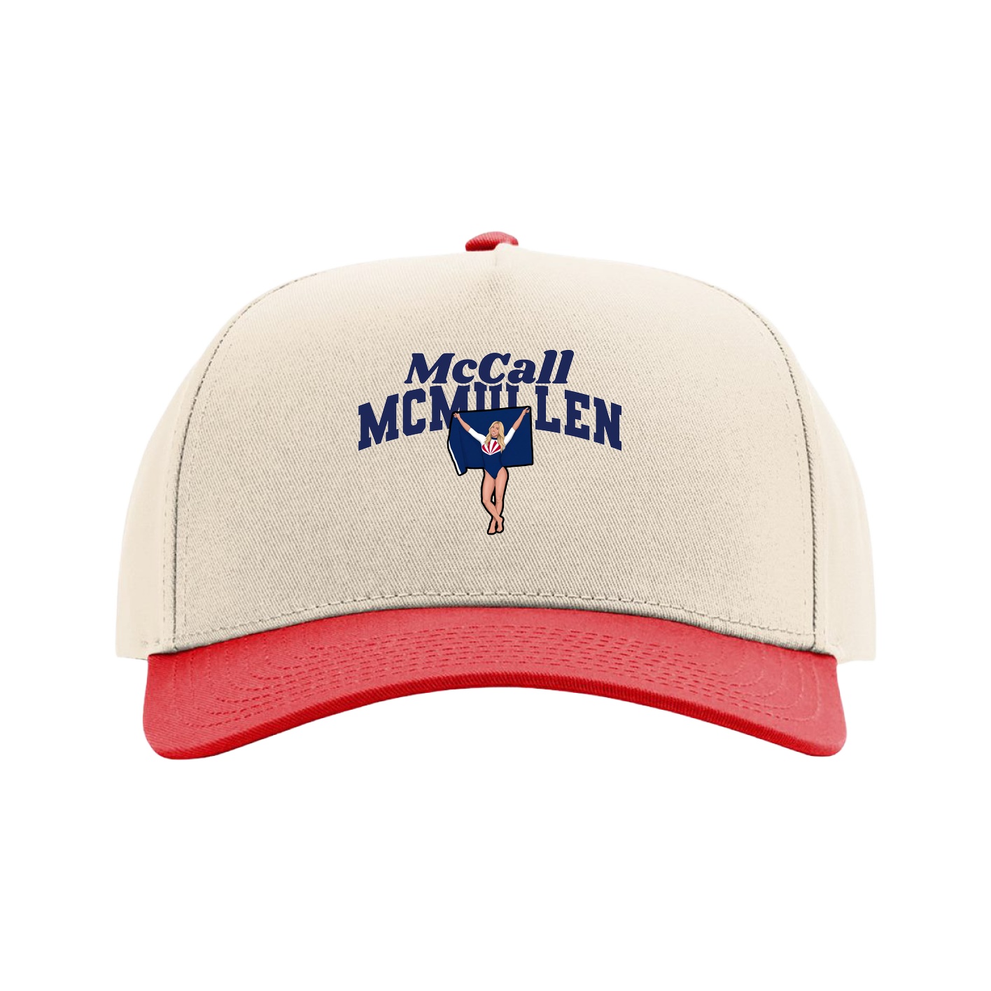 Full Fabric Five-Panel Champ Cap — Signature Arch in Cream/Red