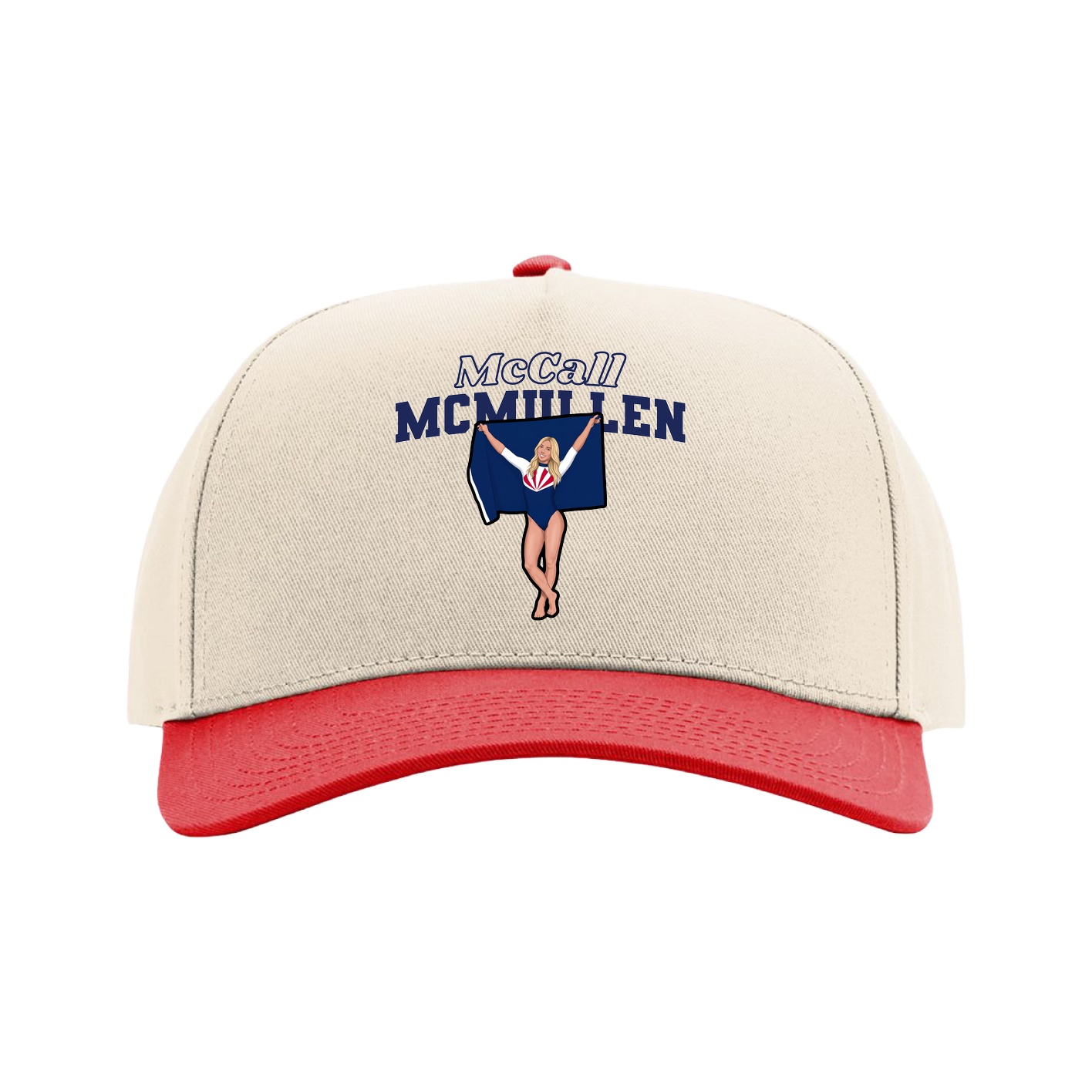 Full Fabric Five-Panel Champ Cap — Name Arch in Cream/Red