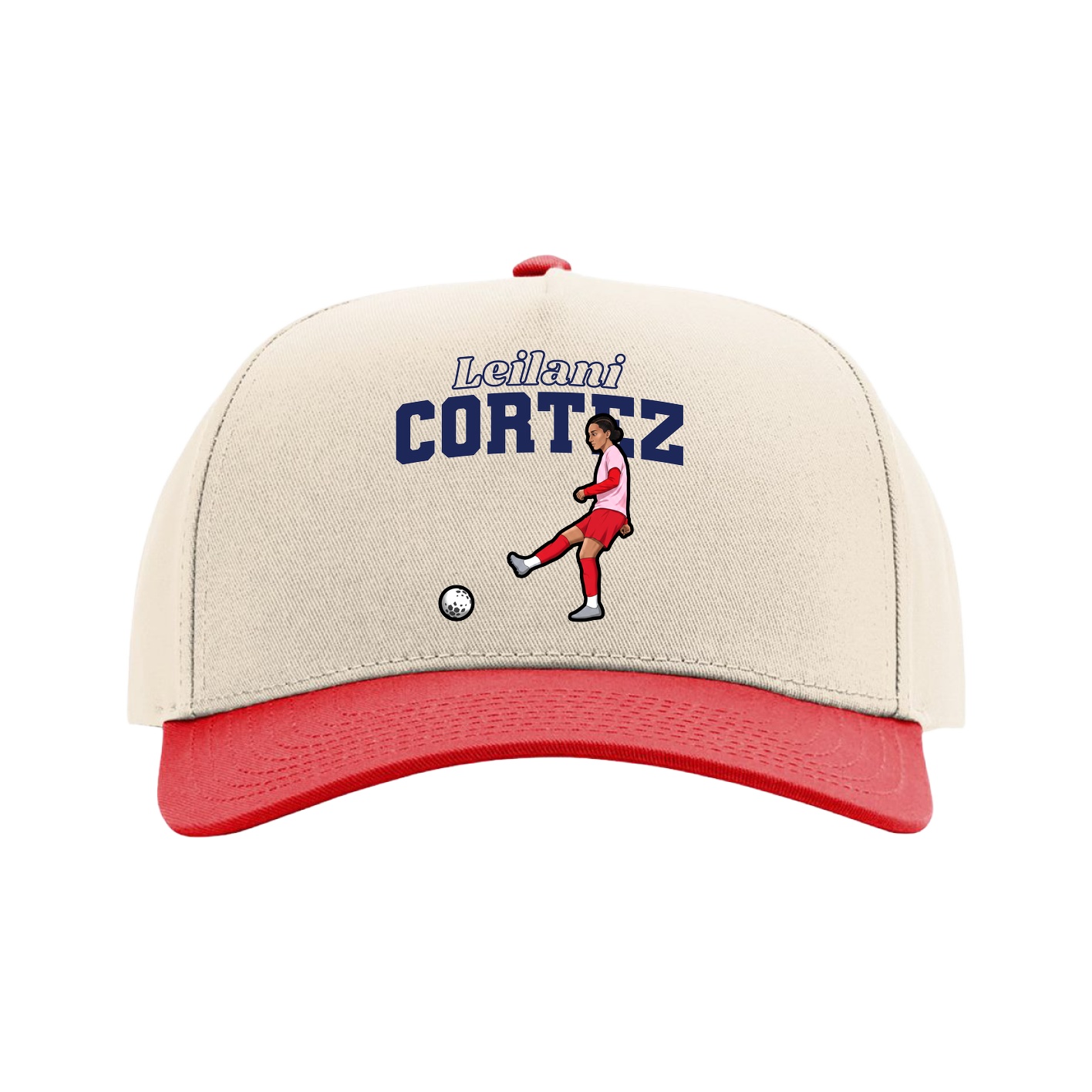 Full Fabric Five-Panel Champ Cap — Name Arch in Cream/Red