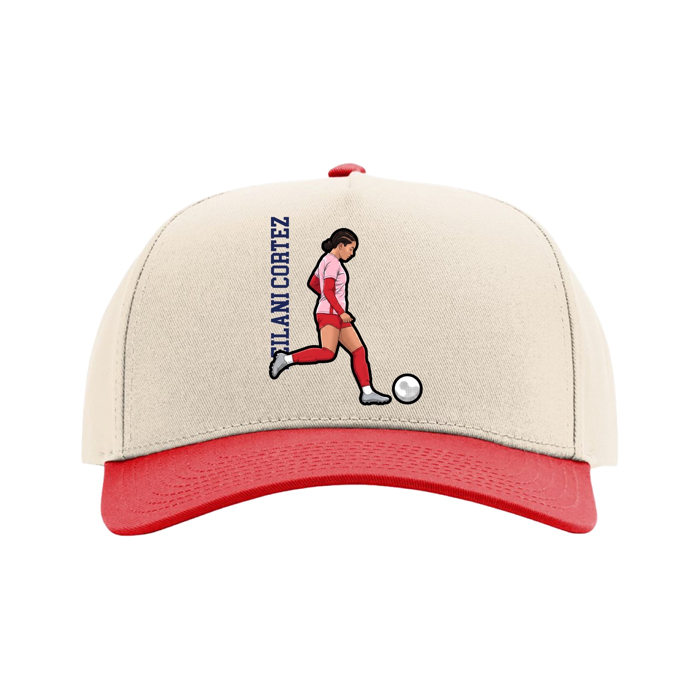Full Fabric Five-Panel Champ Cap — Name Vertical in Cream/Red