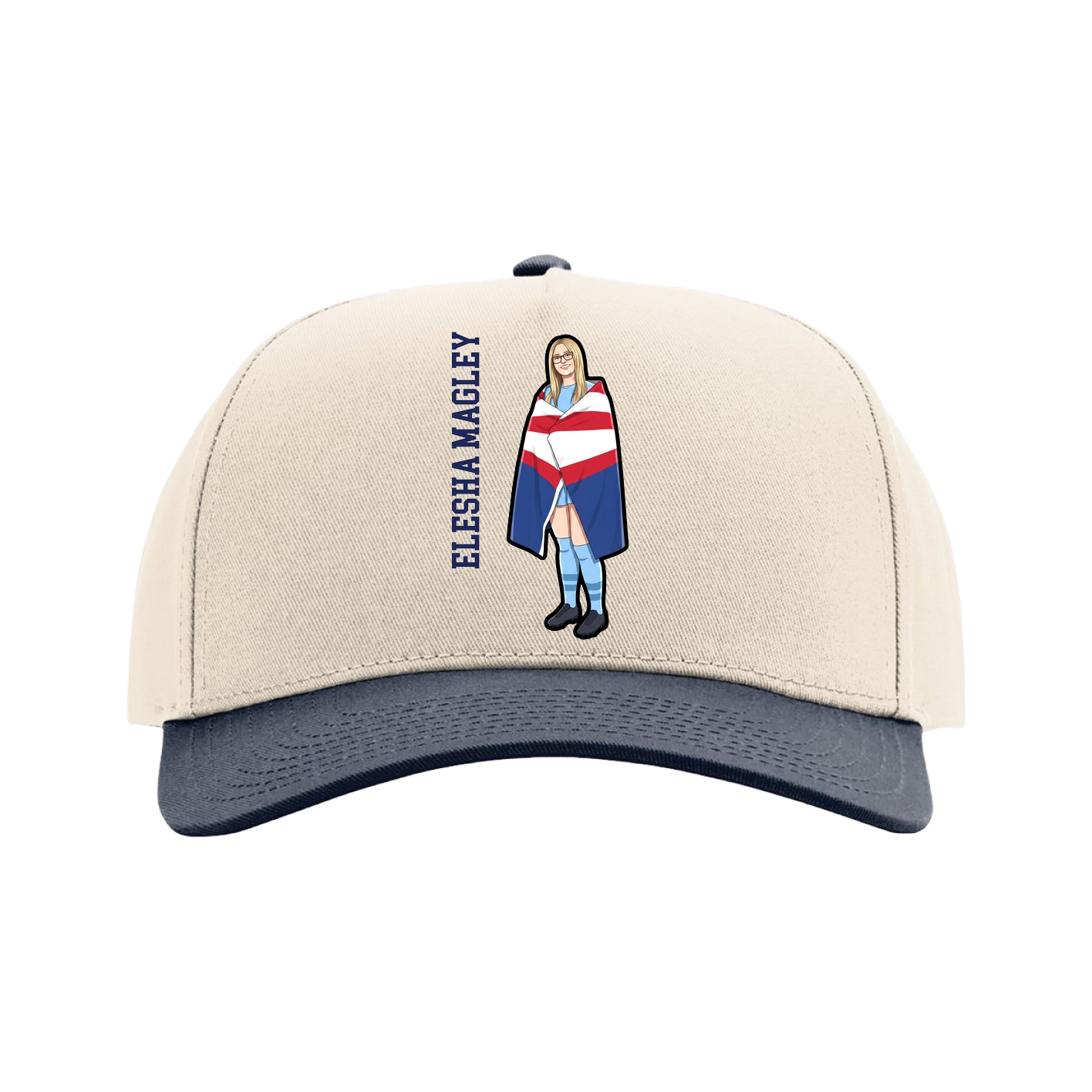 Full Fabric Five-Panel Champ Cap — Name Vertical in Cream/Navy